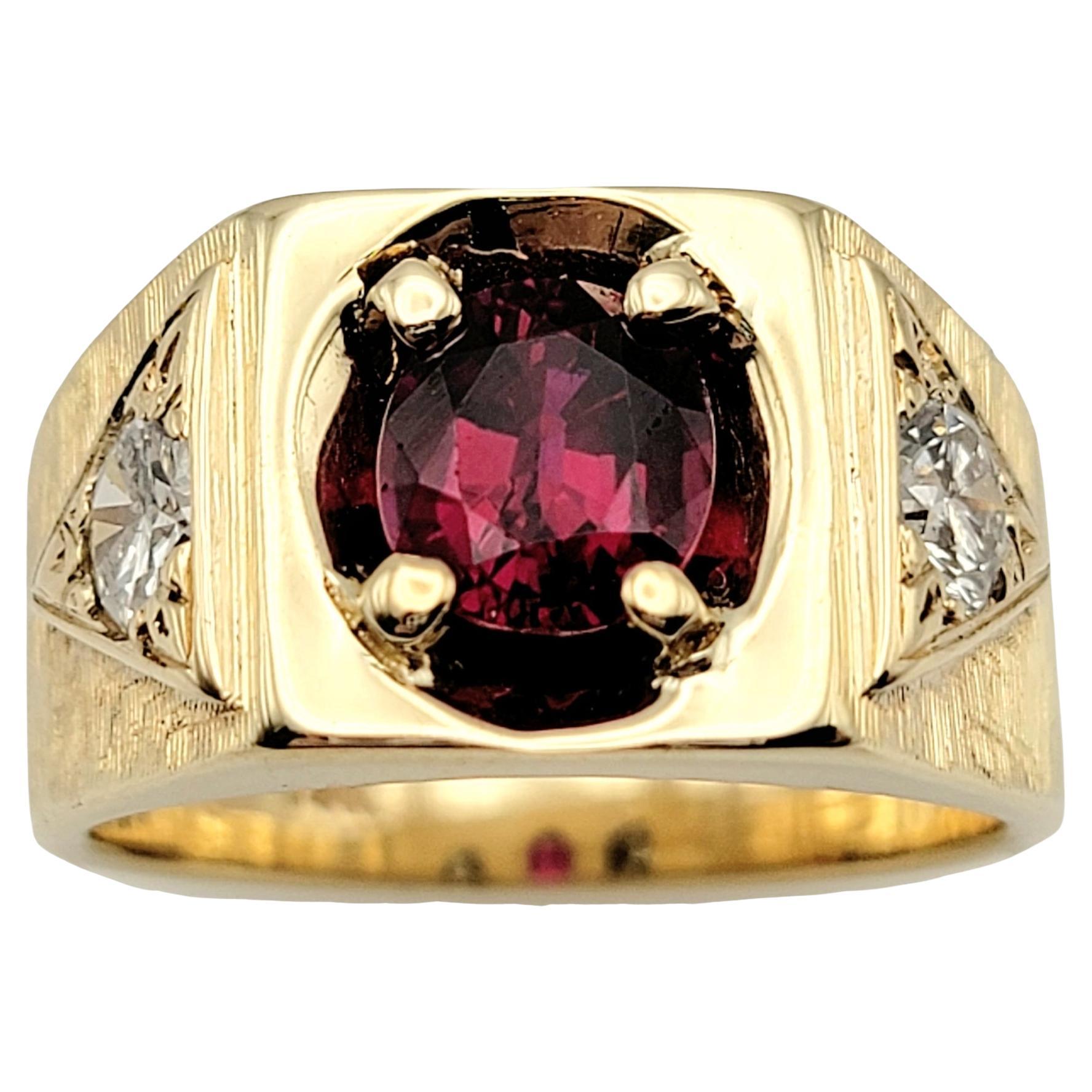 Oval Cut Garnet and Round Diamond Unisex Signet Style Ring 14 Karat Yellow Gold For Sale
