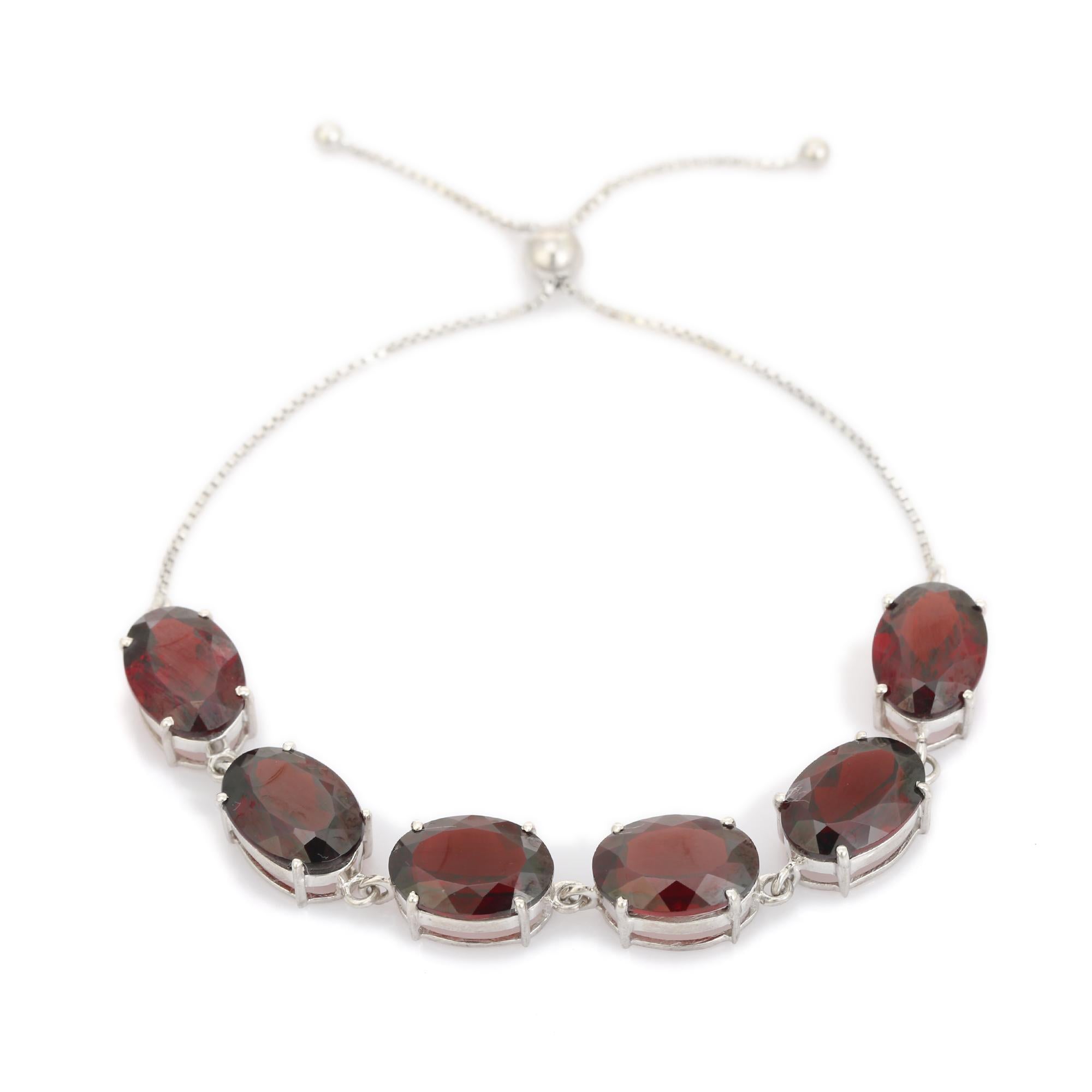 Bracelet réglable en argent 925 avec lignes de pierres précieuses grenat de taille ovale en vente 2