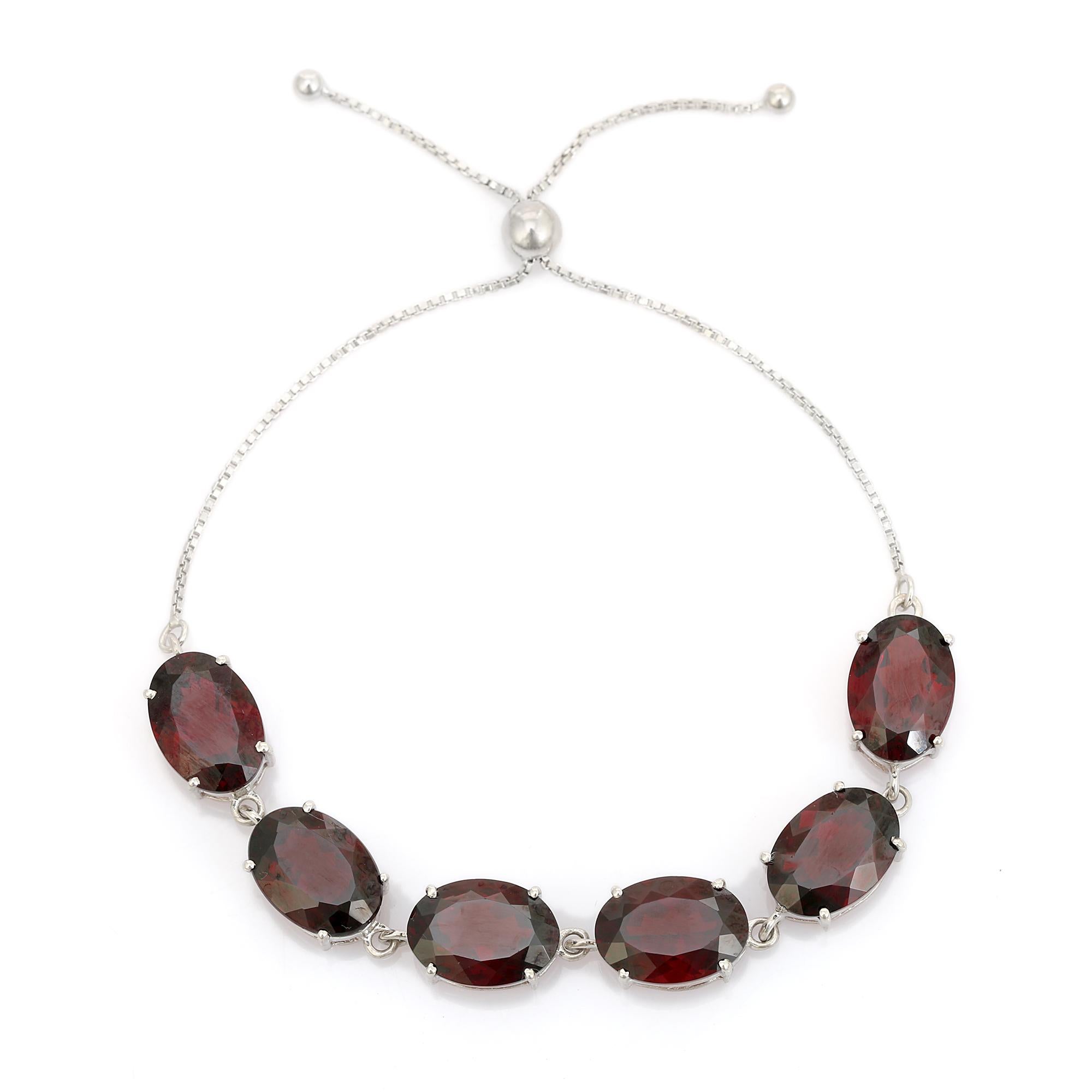 Bracelet réglable en argent 925 avec lignes de pierres précieuses grenat de taille ovale en vente 3