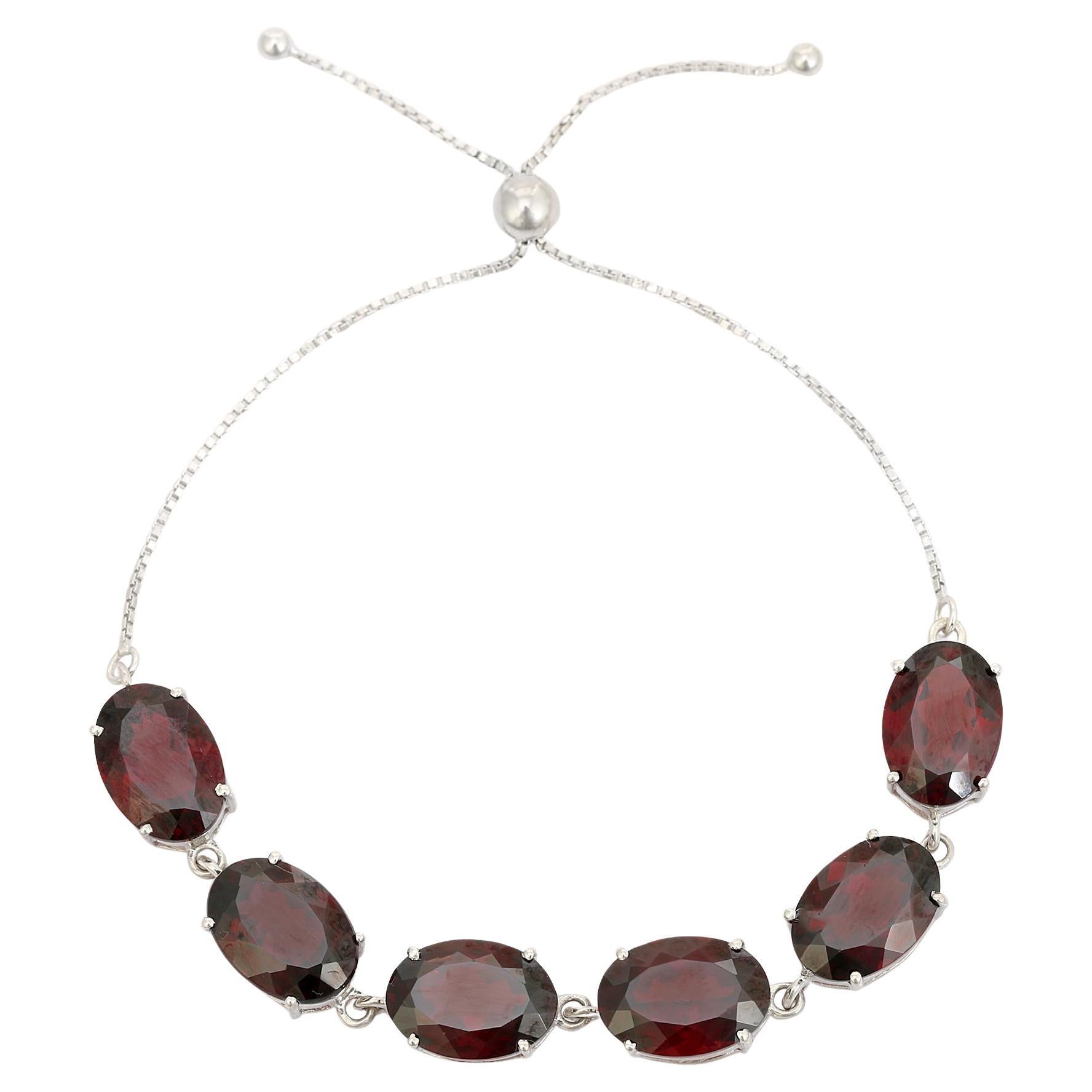 Bracelet réglable en argent 925 avec lignes de pierres précieuses grenat de taille ovale en vente