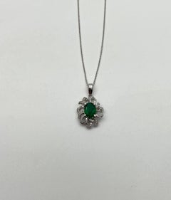 Oval Cut Green Emerald Diamond Pave Halo Coral 14K White Gold Pendant Necklace