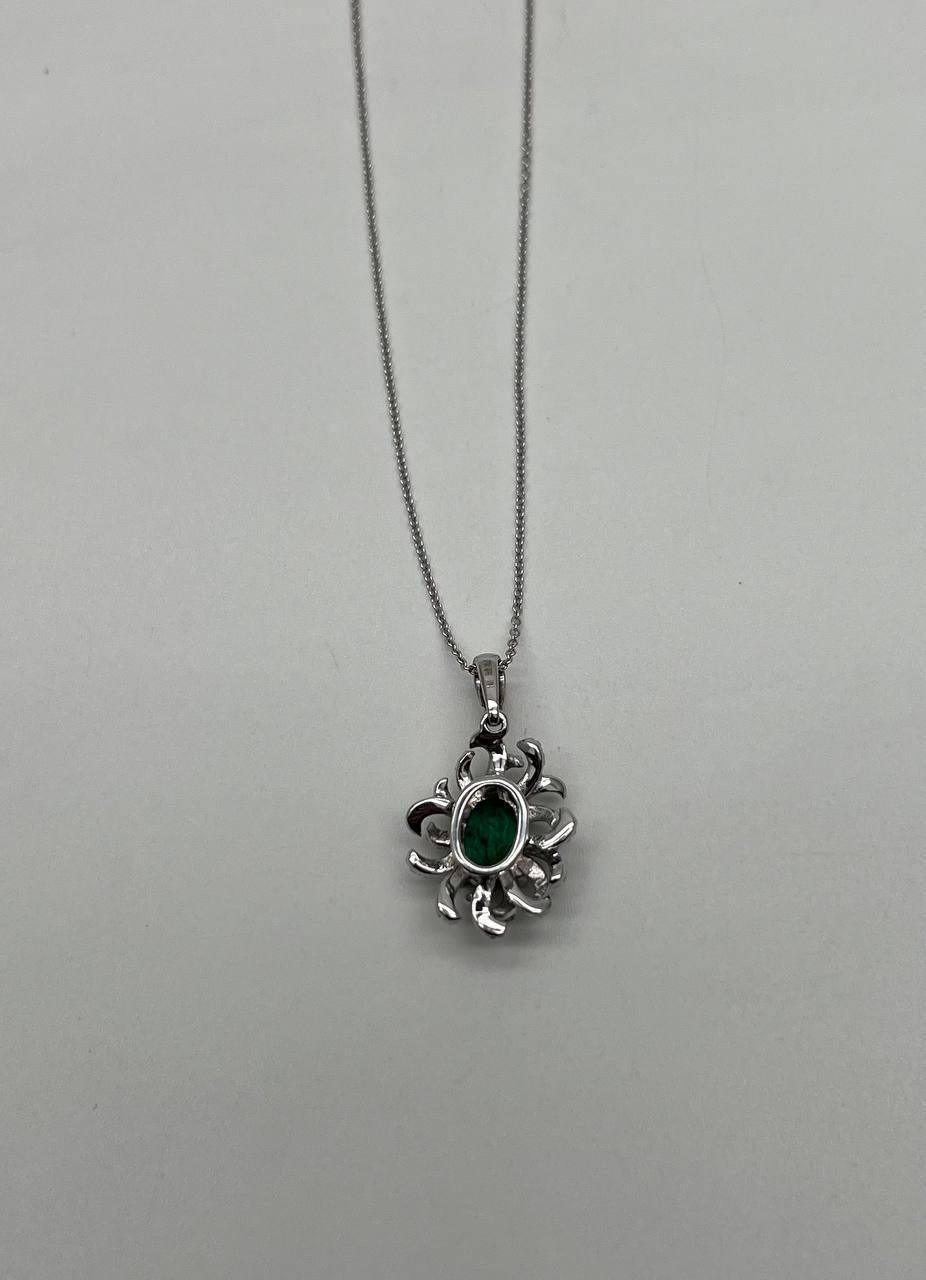Oval Cut Green Emerald Diamond Pave Halo Coral 14K White Gold Pendant Necklace In New Condition For Sale In Oakton, VA