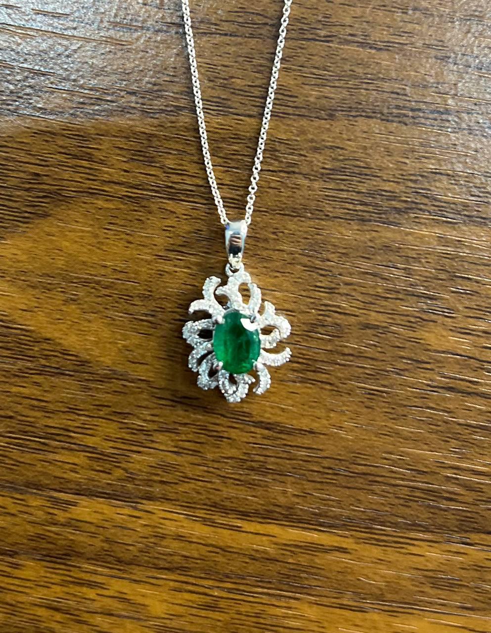 Women's Oval Cut Green Emerald Diamond Pave Halo Coral 14K White Gold Pendant Necklace For Sale