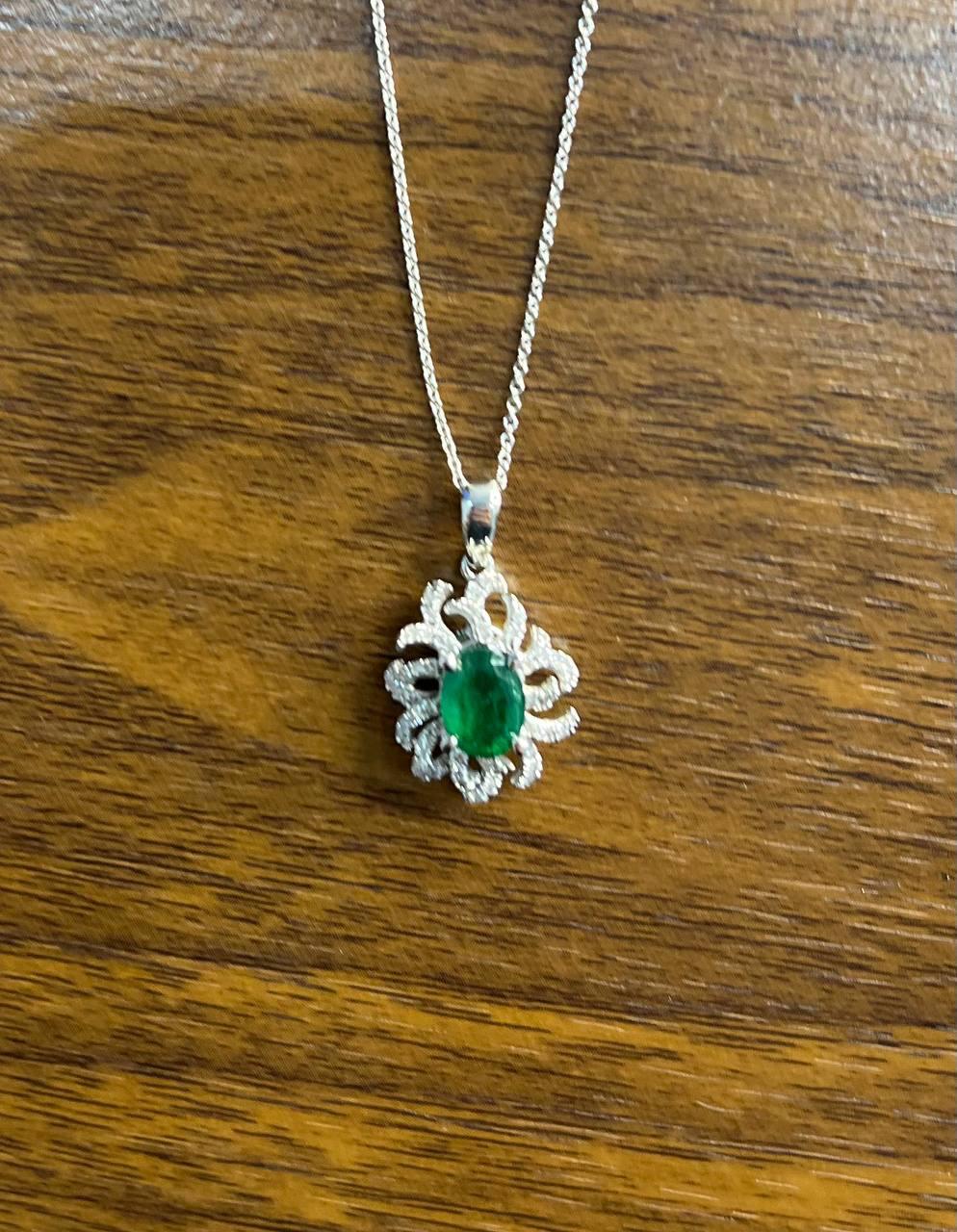 Oval Cut Green Emerald Diamond Pave Halo Coral 14K White Gold Pendant Necklace For Sale 1