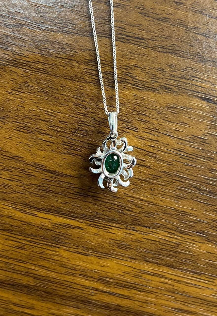 Oval Cut Green Emerald Diamond Pave Halo Coral 14K White Gold Pendant Necklace For Sale 2