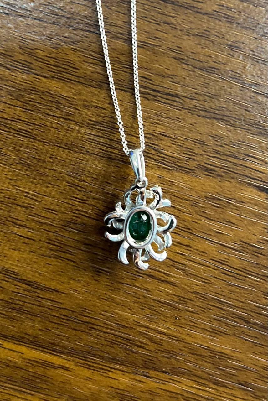 Oval Cut Green Emerald Diamond Pave Halo Coral 14K White Gold Pendant Necklace For Sale 3