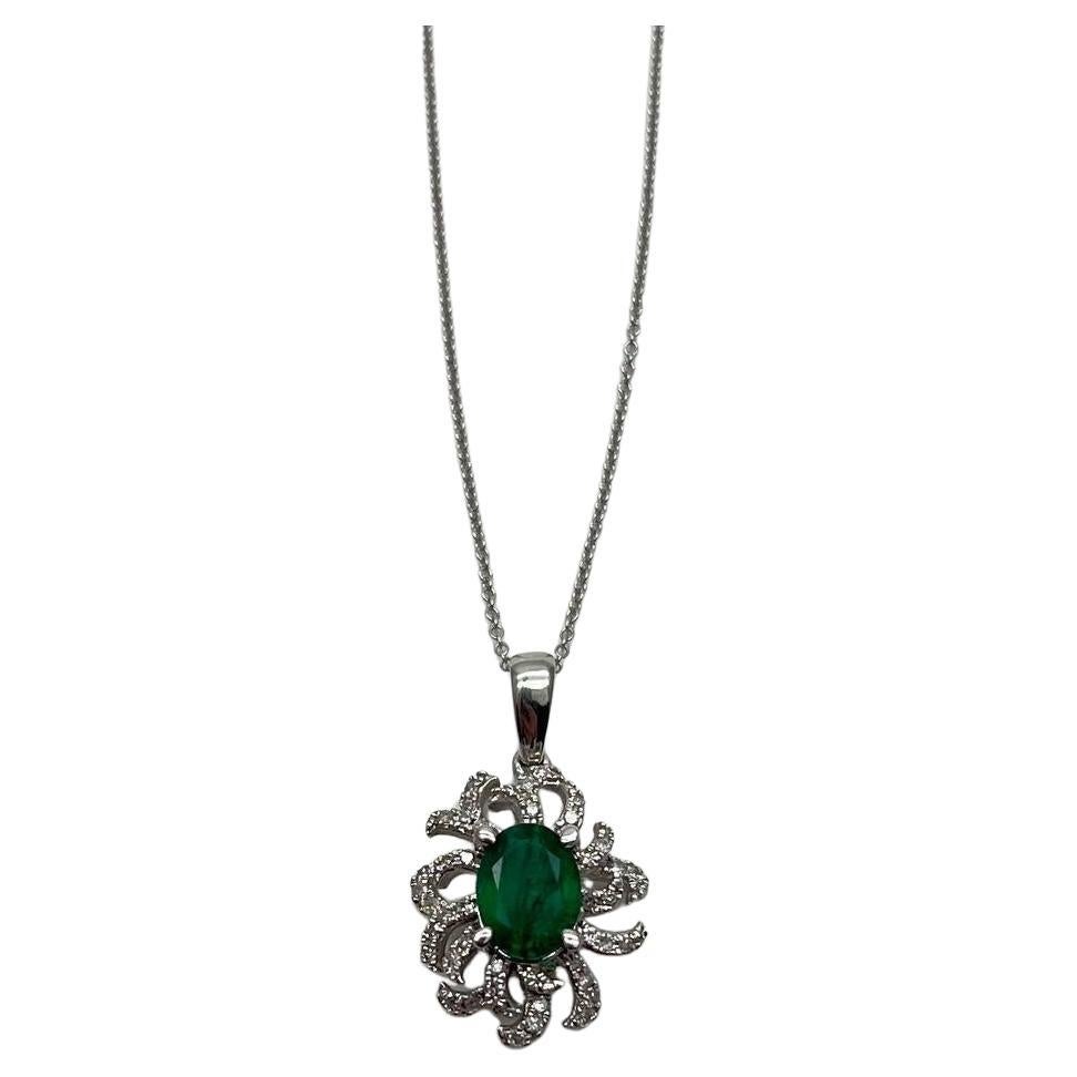 Oval Cut Green Emerald Diamond Pave Halo Coral 14K White Gold Pendant Necklace