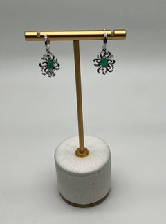 Oval Cut Green Emerald Diamond Pave Halo Oceanic Coral 14K White Gold Earrings