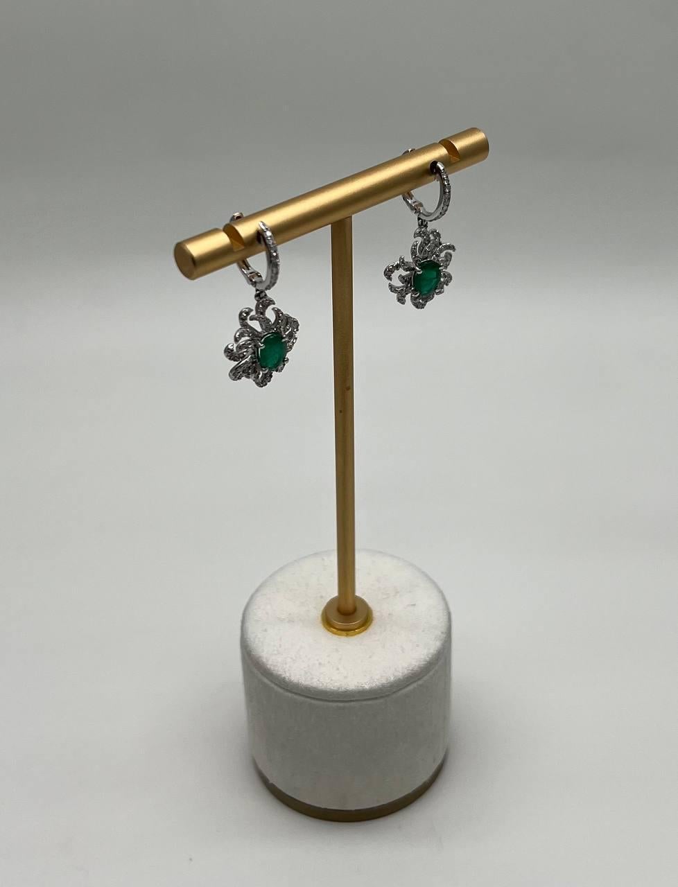 Oval Cut Green Emerald Diamond Pave Halo Oceanic Coral 14K White Gold Earrings In New Condition For Sale In Oakton, VA