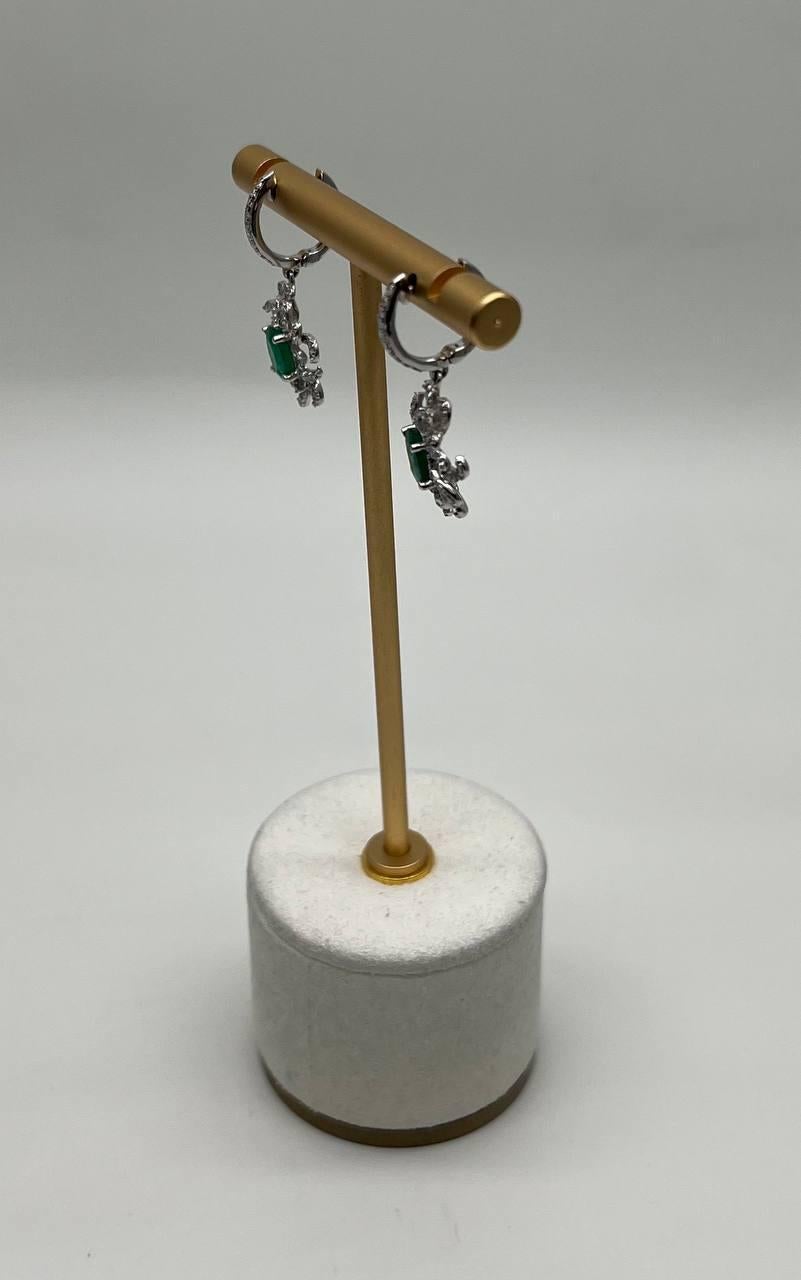 Women's Oval Cut Green Emerald Diamond Pave Halo Oceanic Coral 14K White Gold Earrings For Sale