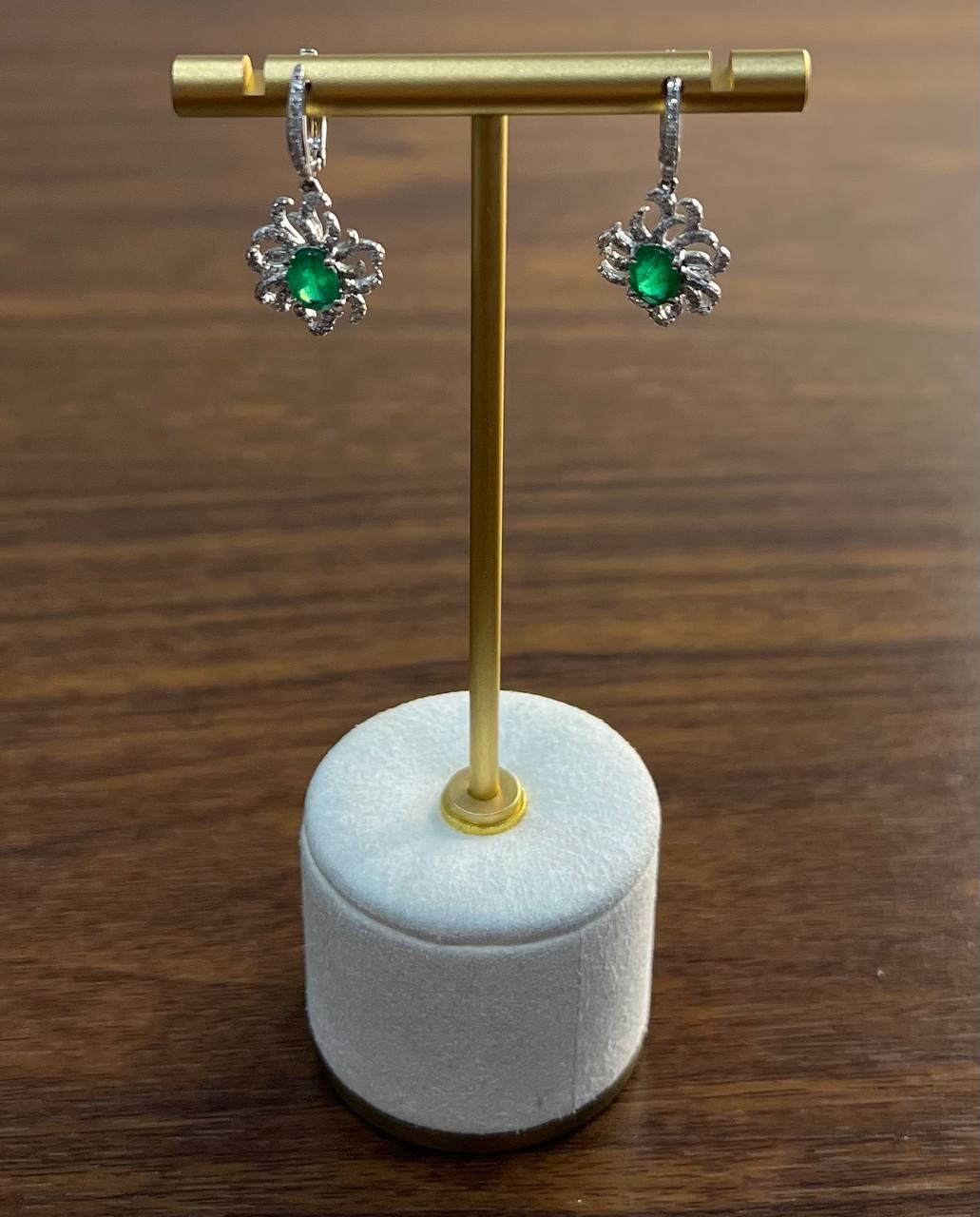 Oval Cut Green Emerald Diamond Pave Halo Oceanic Coral 14K White Gold Earrings For Sale 1