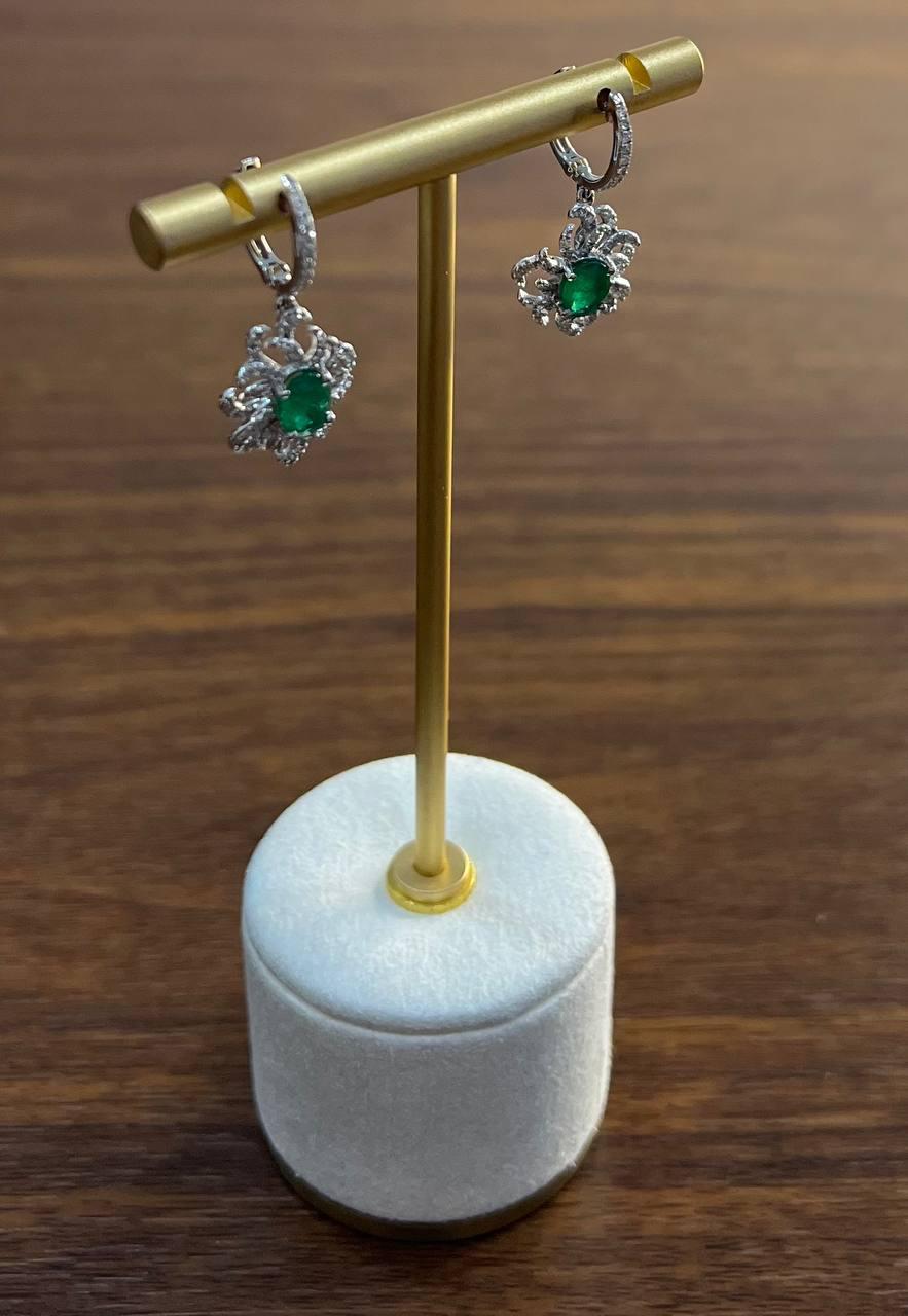 Oval Cut Green Emerald Diamond Pave Halo Oceanic Coral 14K White Gold Earrings For Sale 2