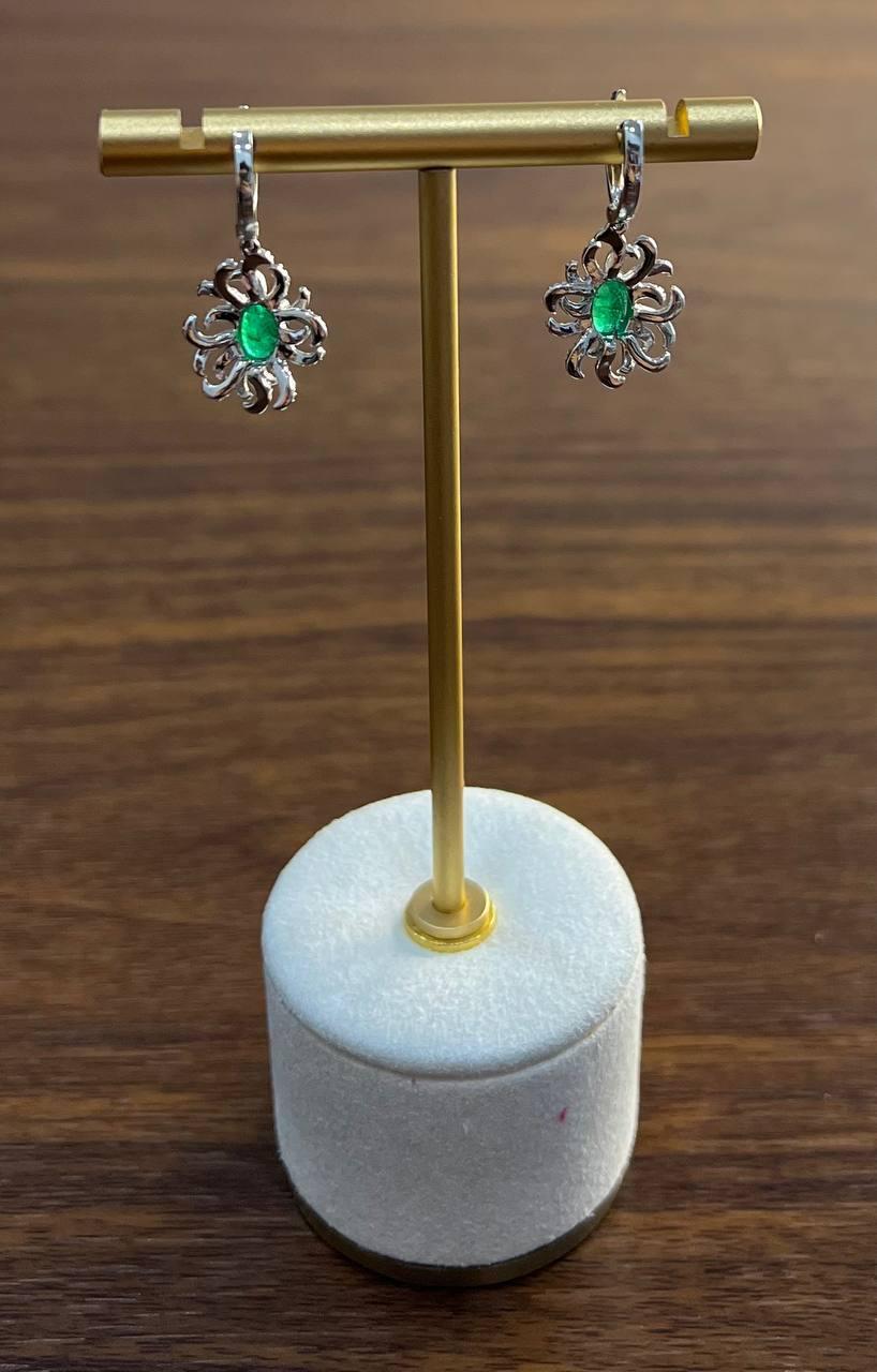 Oval Cut Green Emerald Diamond Pave Halo Oceanic Coral 14K White Gold Earrings For Sale 3