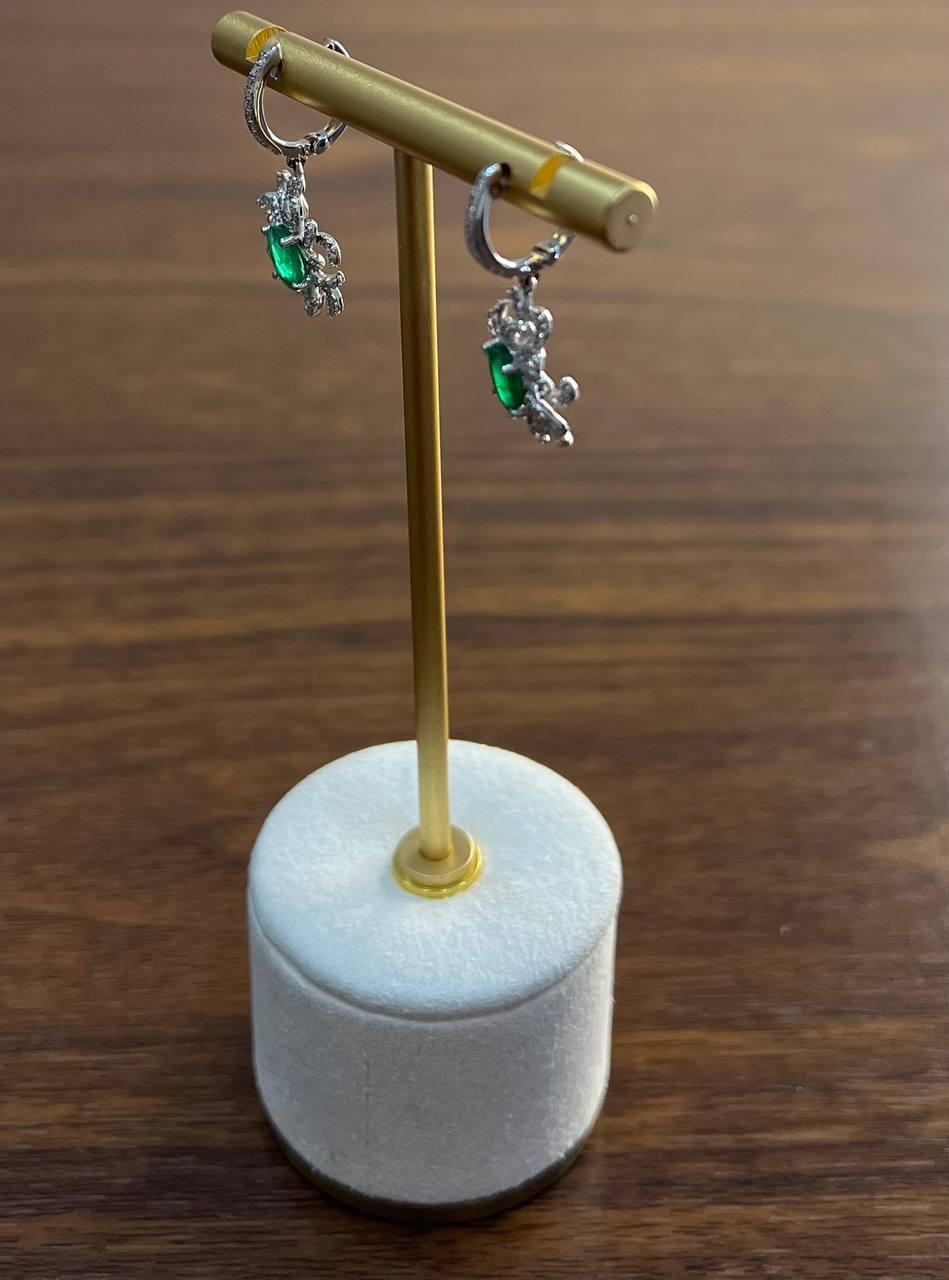 Oval Cut Green Emerald Diamond Pave Halo Oceanic Coral 14K White Gold Earrings For Sale 4