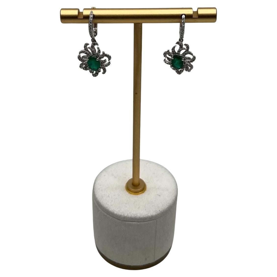 Oval Cut Green Emerald Diamond Pave Halo Oceanic Coral 14K White Gold Earrings