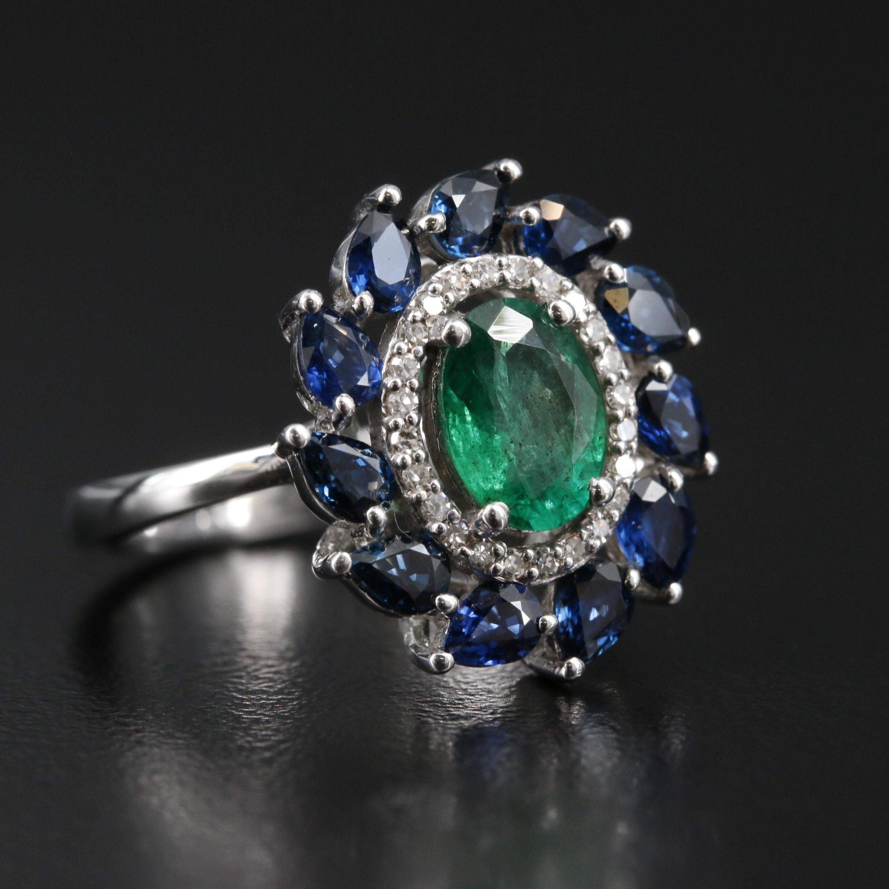 For Sale:  Oval Cut Halo Colombian Emerald Sapphire Diamond Engagement Ring Cocktail Ring 2
