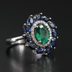 Oval Cut Halo Colombian Emerald Sapphire Diamond Engagement Ring Cocktail Ring