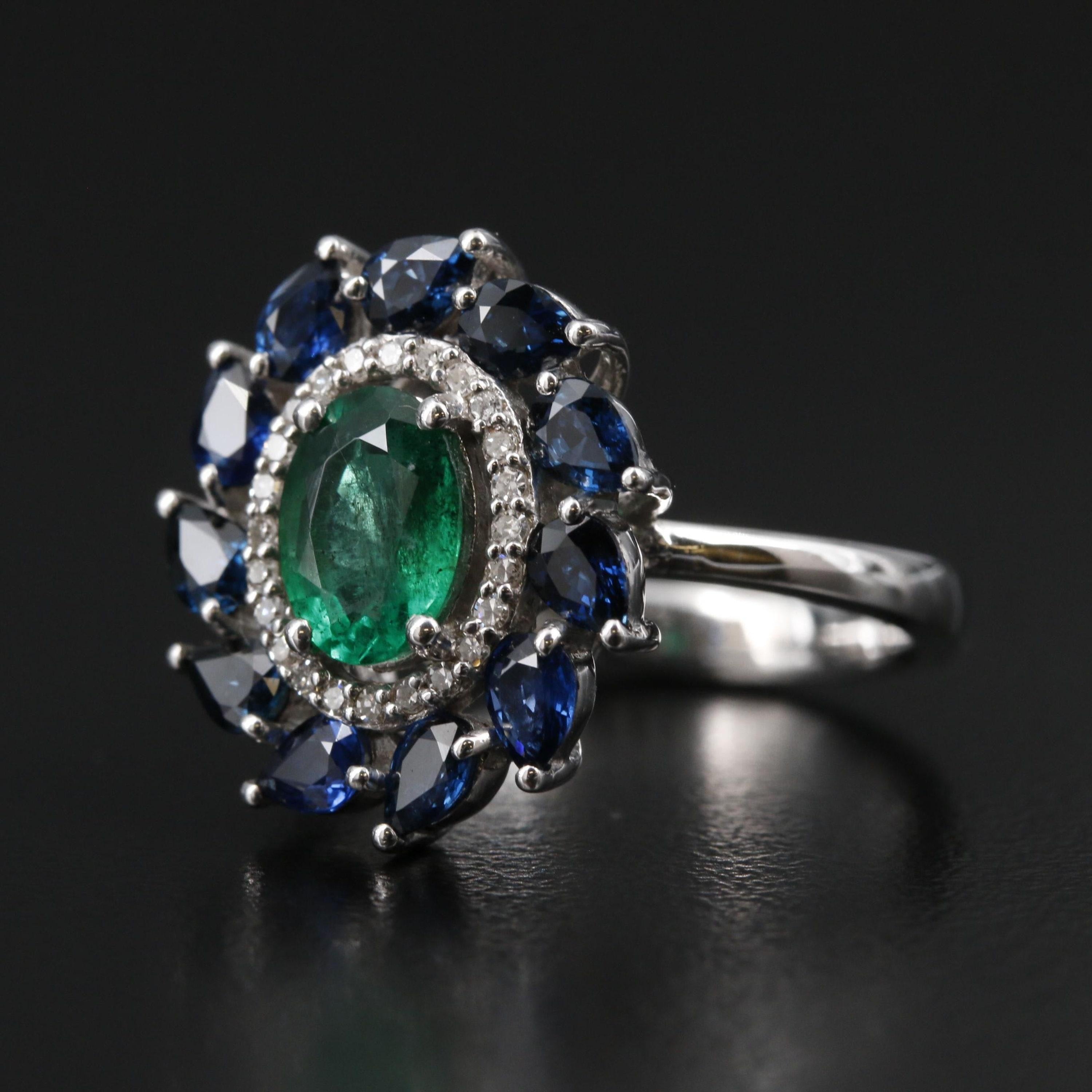 For Sale:  Oval Cut Halo Colombian Emerald Sapphire Diamond Engagement Ring Cocktail Ring 5