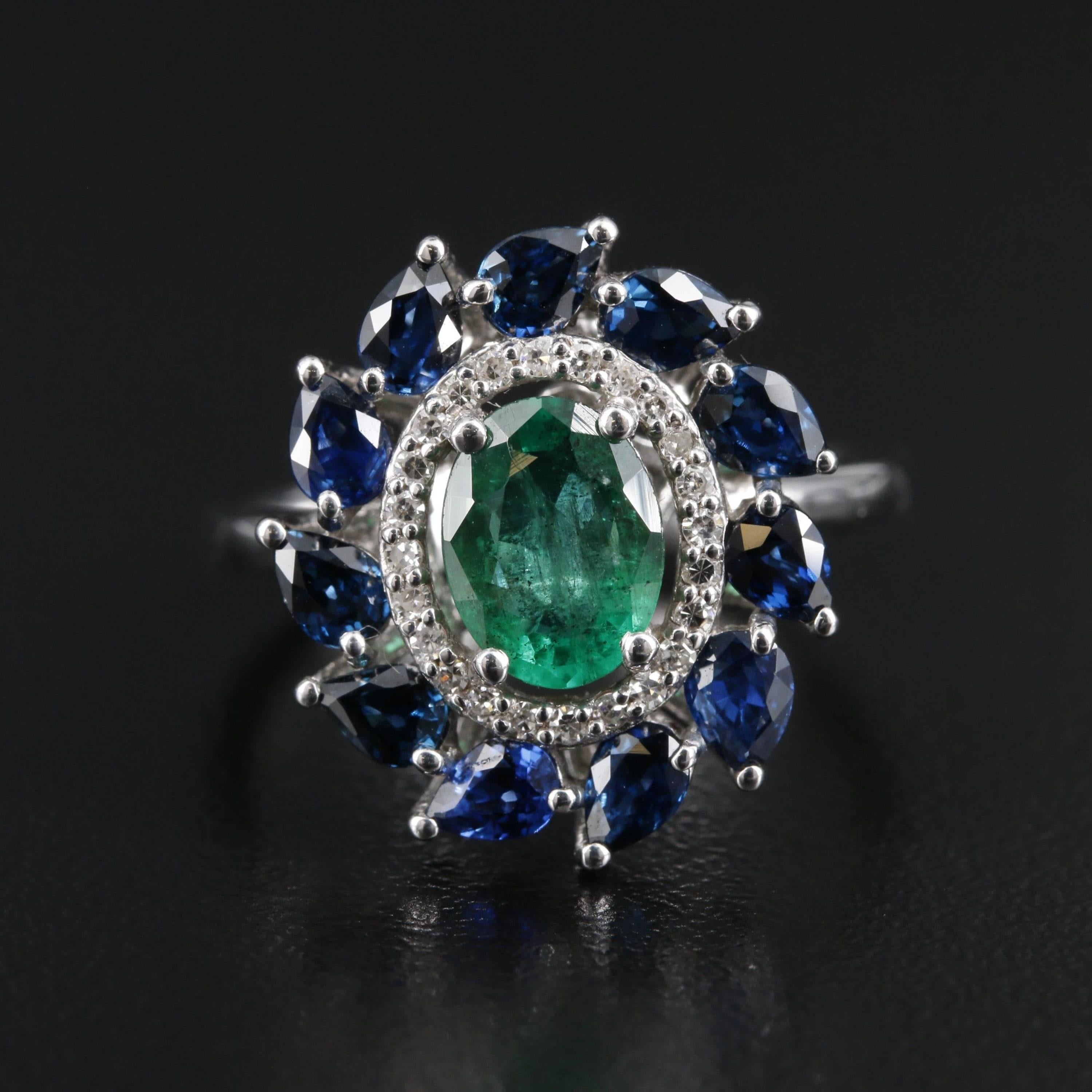 For Sale:  Oval Cut Halo Colombian Emerald Sapphire Diamond Engagement Ring Cocktail Ring 6