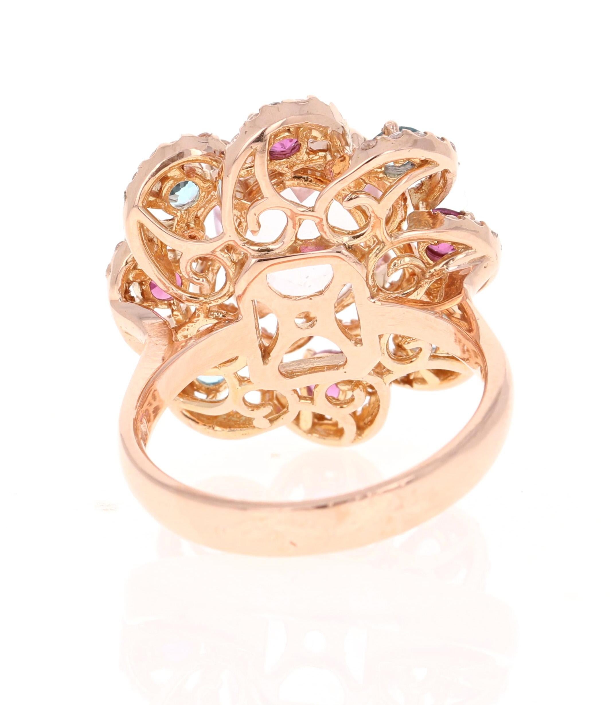 Modern 6.01 Carat Kunzite Topaz Garnet Sapphire Rose Gold Cocktail Ring