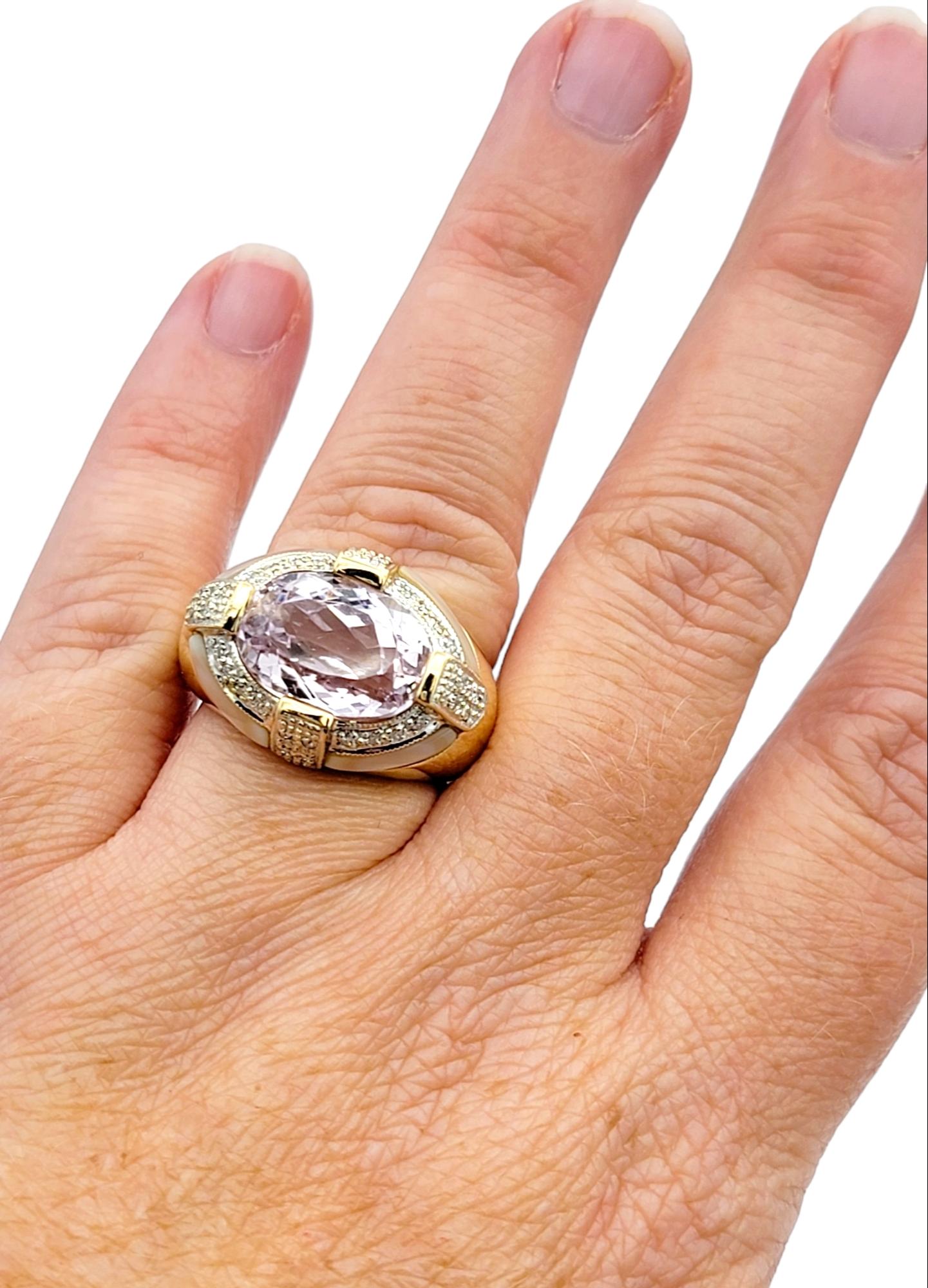 Oval Cut Kunzite, Diamond, and Mother of Pearl Cocktail Ring in 14 Karat Gold For Sale 5