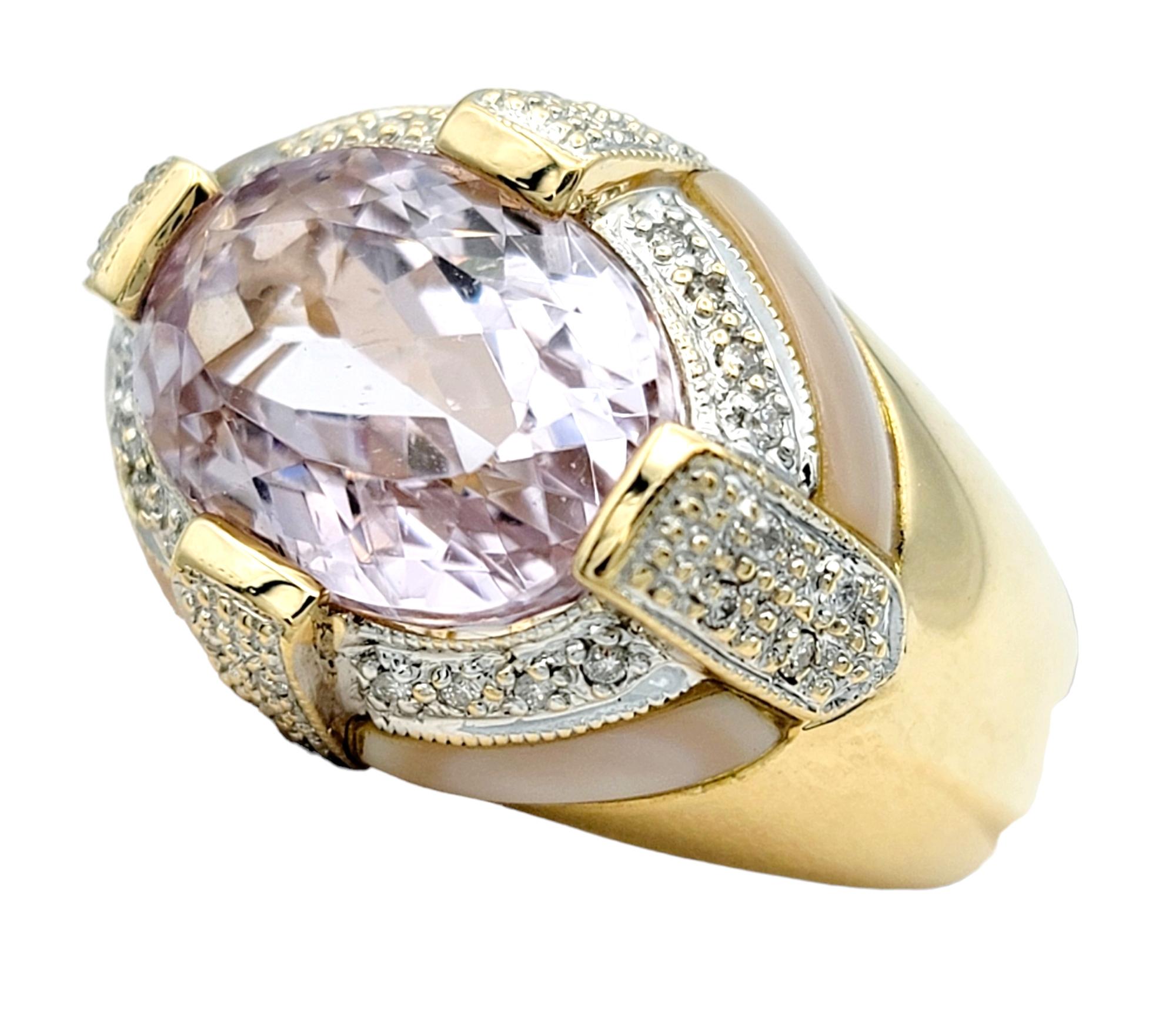 Contemporary Oval Cut Kunzite, Diamond, and Mother of Pearl Cocktail Ring in 14 Karat Gold For Sale