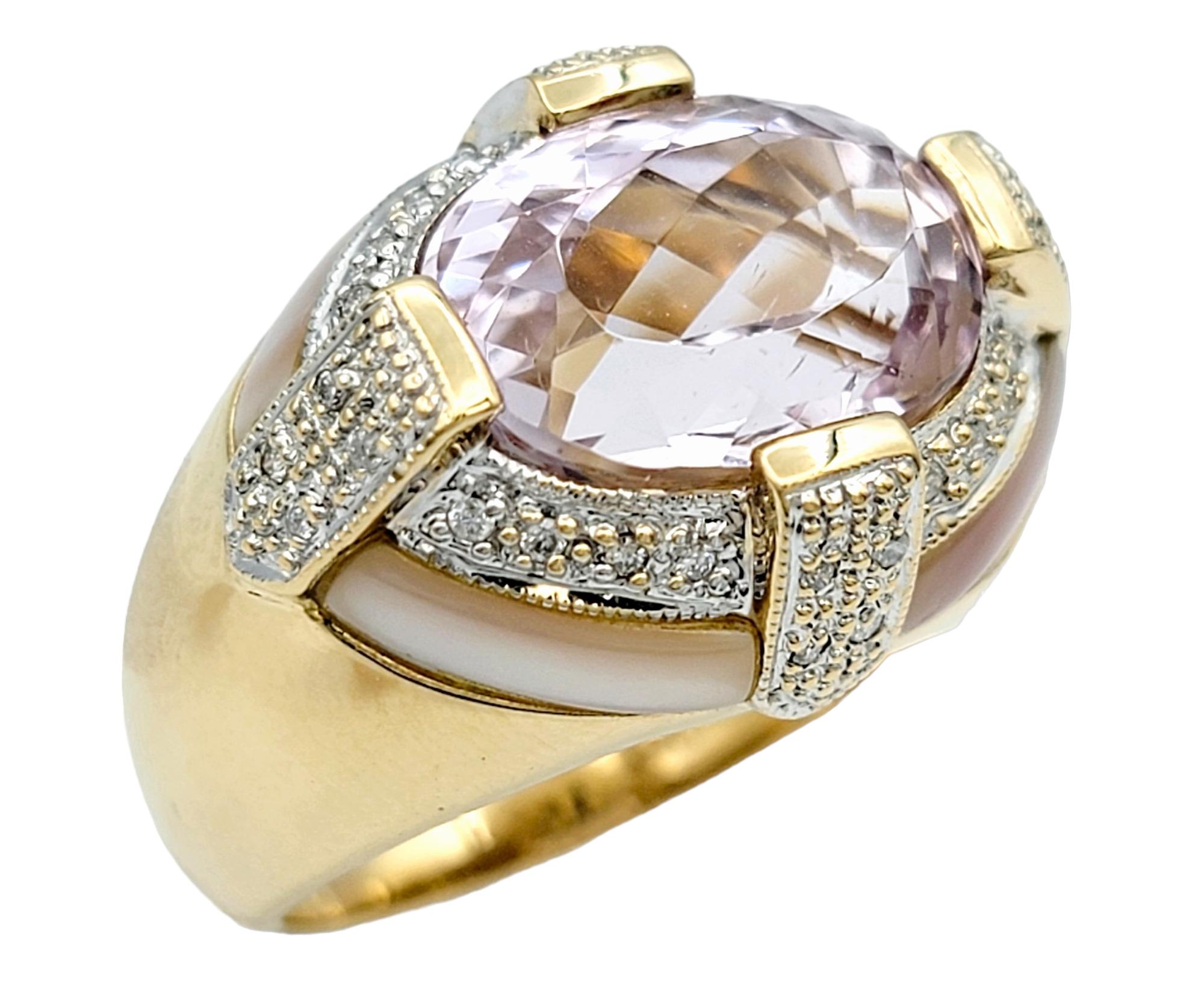 Oval Cut Kunzite, Diamond, and Mother of Pearl Cocktail Ring in 14 Karat Gold In Good Condition For Sale In Scottsdale, AZ