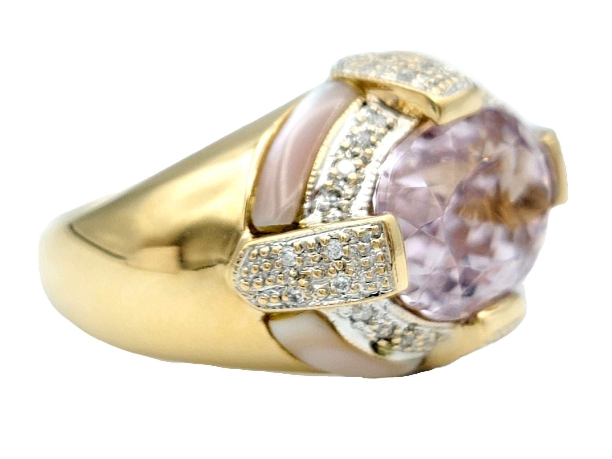 Women's Oval Cut Kunzite, Diamond, and Mother of Pearl Cocktail Ring in 14 Karat Gold For Sale