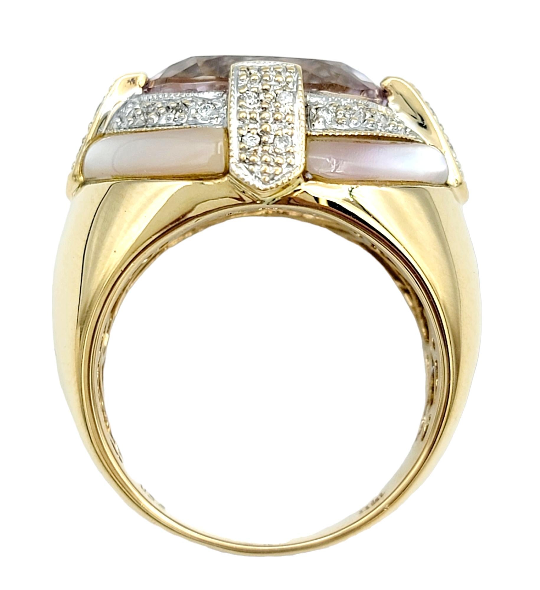 Oval Cut Kunzite, Diamond, and Mother of Pearl Cocktail Ring in 14 Karat Gold For Sale 1