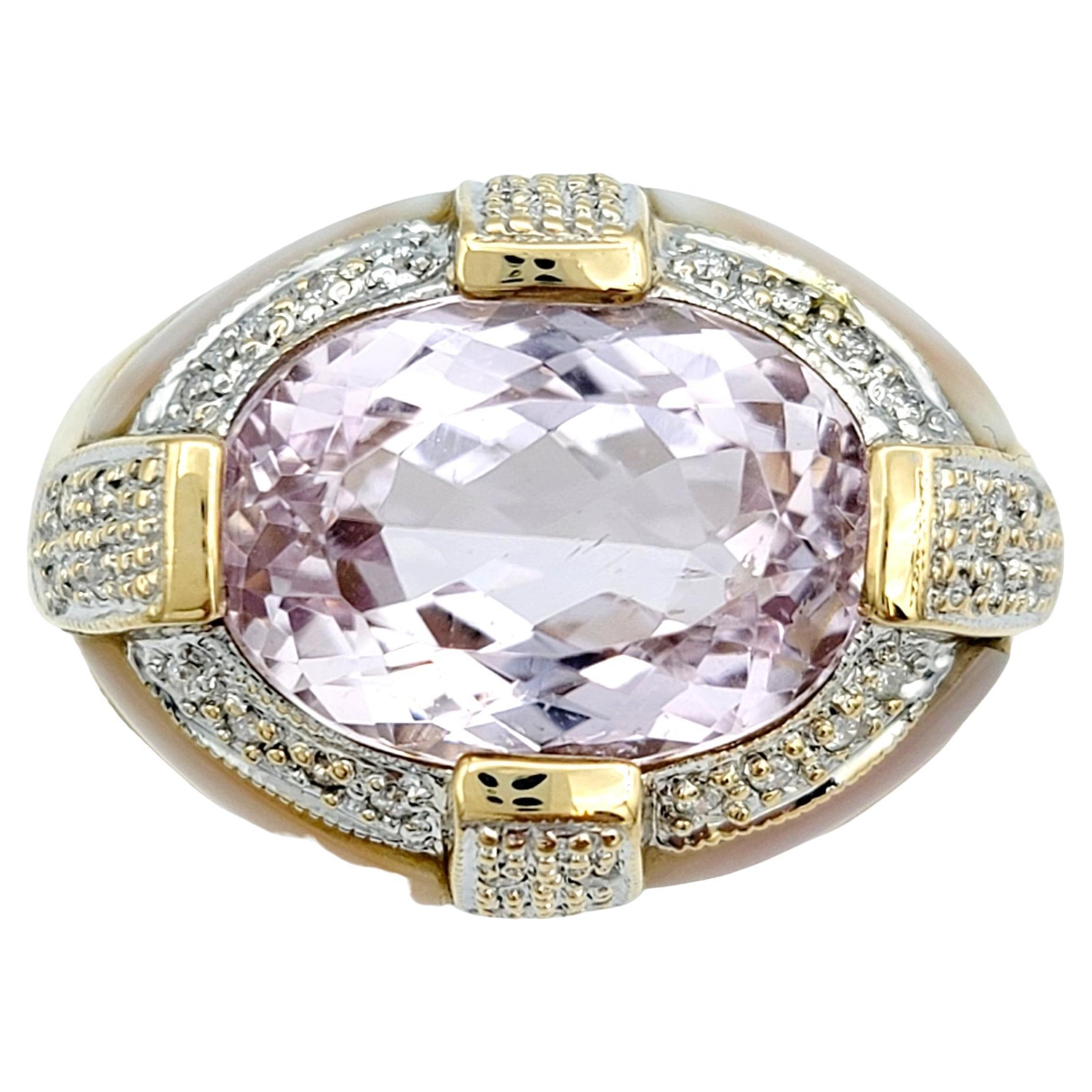 Oval Cut Kunzite, Diamond, and Mother of Pearl Cocktail Ring in 14 Karat Gold For Sale