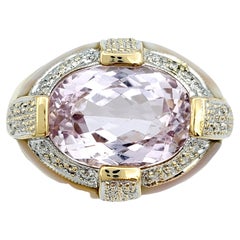 Bague de cocktail en or 14 carats avec kunzite, diamant et nacre, taille ovale