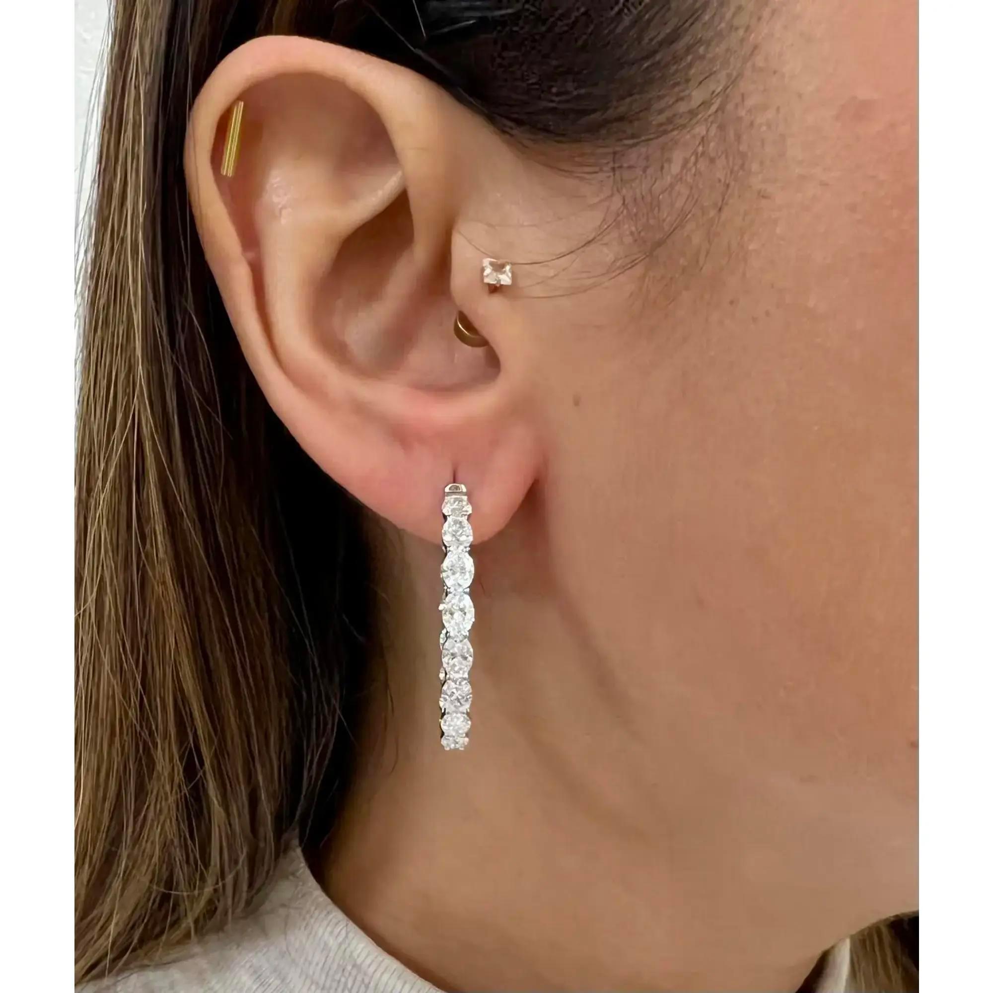 Oval Cut Lab Grown Diamond Hoop Earrings 14K White Gold 6.24Cttw In New Condition For Sale In New York, NY
