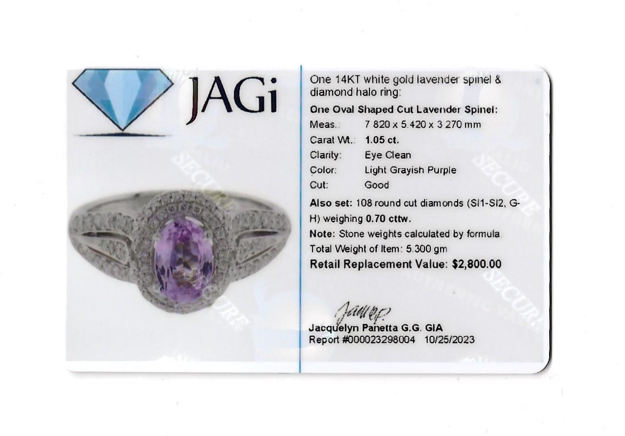 Oval Cut Lavender Spinel and Pavé Diamond Halo Ring Set in 14 Karat White Gold For Sale 5