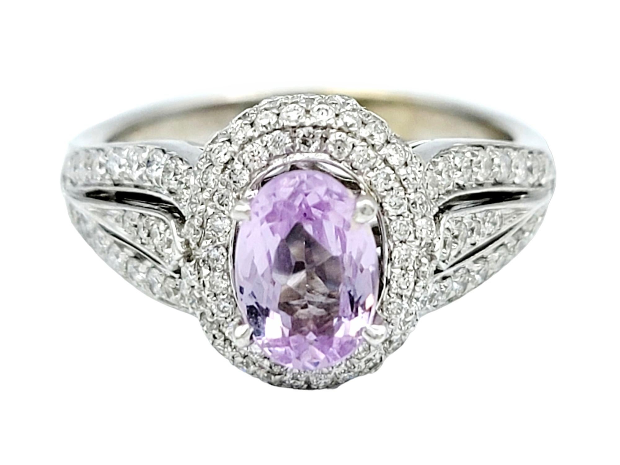Contemporary Oval Cut Lavender Spinel and Pavé Diamond Halo Ring Set in 14 Karat White Gold For Sale