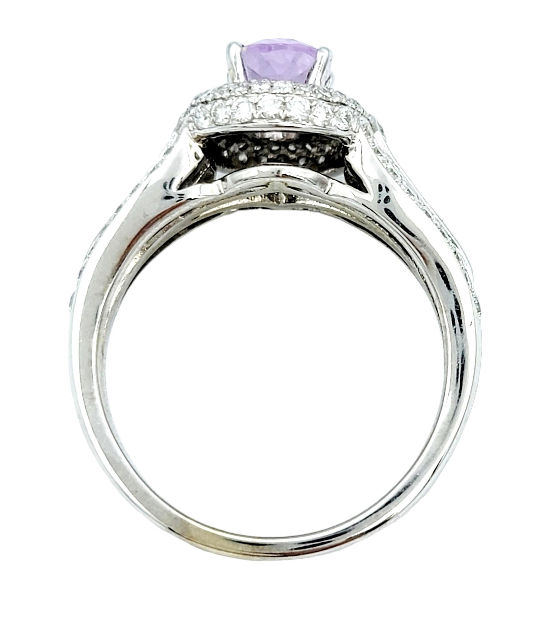 Women's Oval Cut Lavender Spinel and Pavé Diamond Halo Ring Set in 14 Karat White Gold For Sale