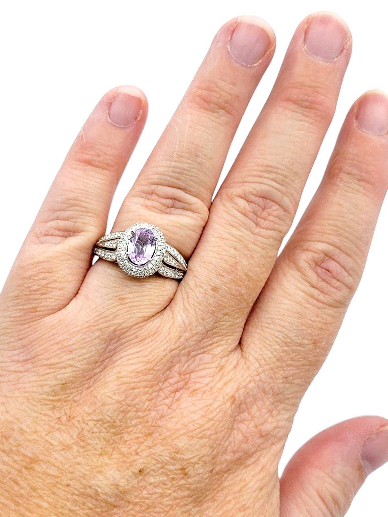 Oval Cut Lavender Spinel and Pavé Diamond Halo Ring Set in 14 Karat White Gold For Sale 1