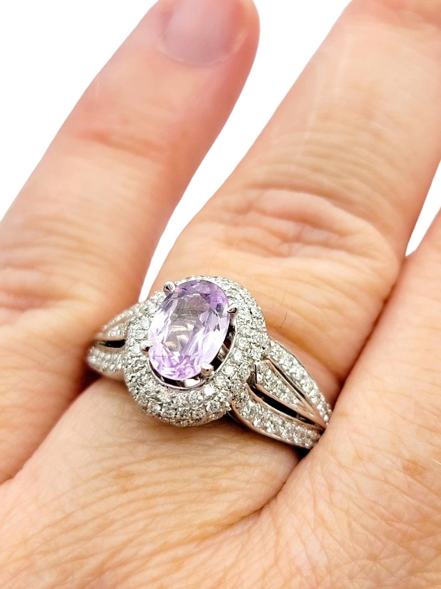 Oval Cut Lavender Spinel and Pavé Diamond Halo Ring Set in 14 Karat White Gold For Sale 2