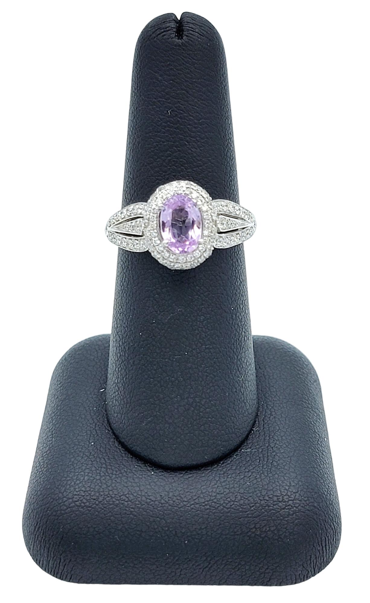 Oval Cut Lavender Spinel and Pavé Diamond Halo Ring Set in 14 Karat White Gold For Sale 4