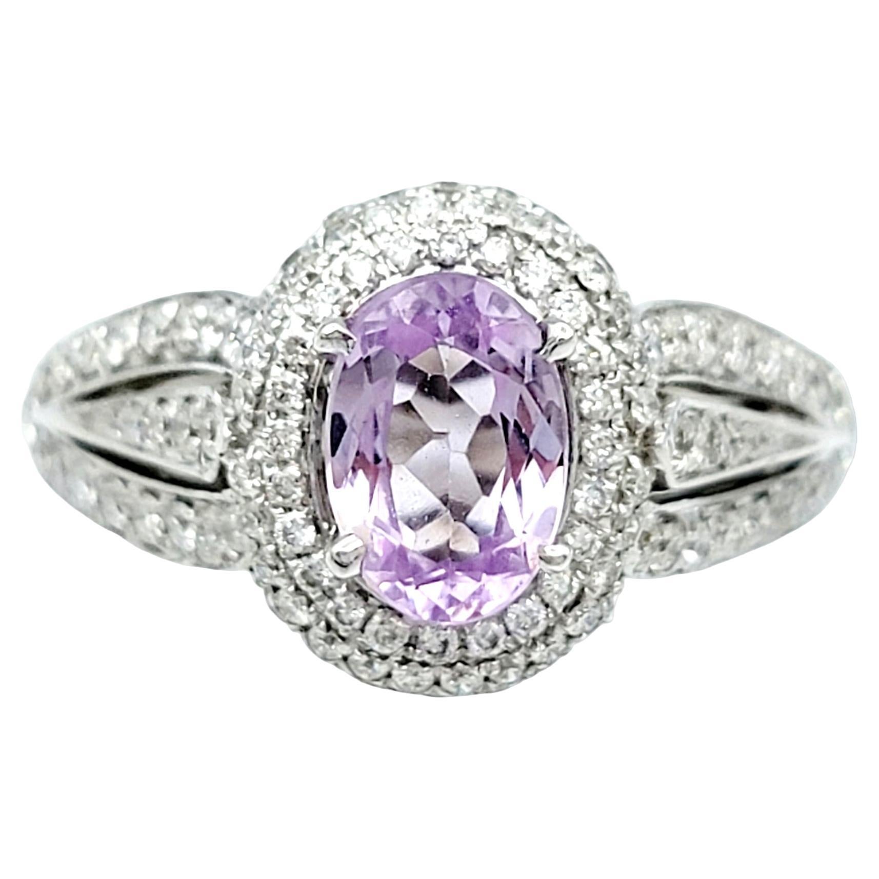 Oval Cut Lavender Spinel and Pavé Diamond Halo Ring Set in 14 Karat White Gold For Sale
