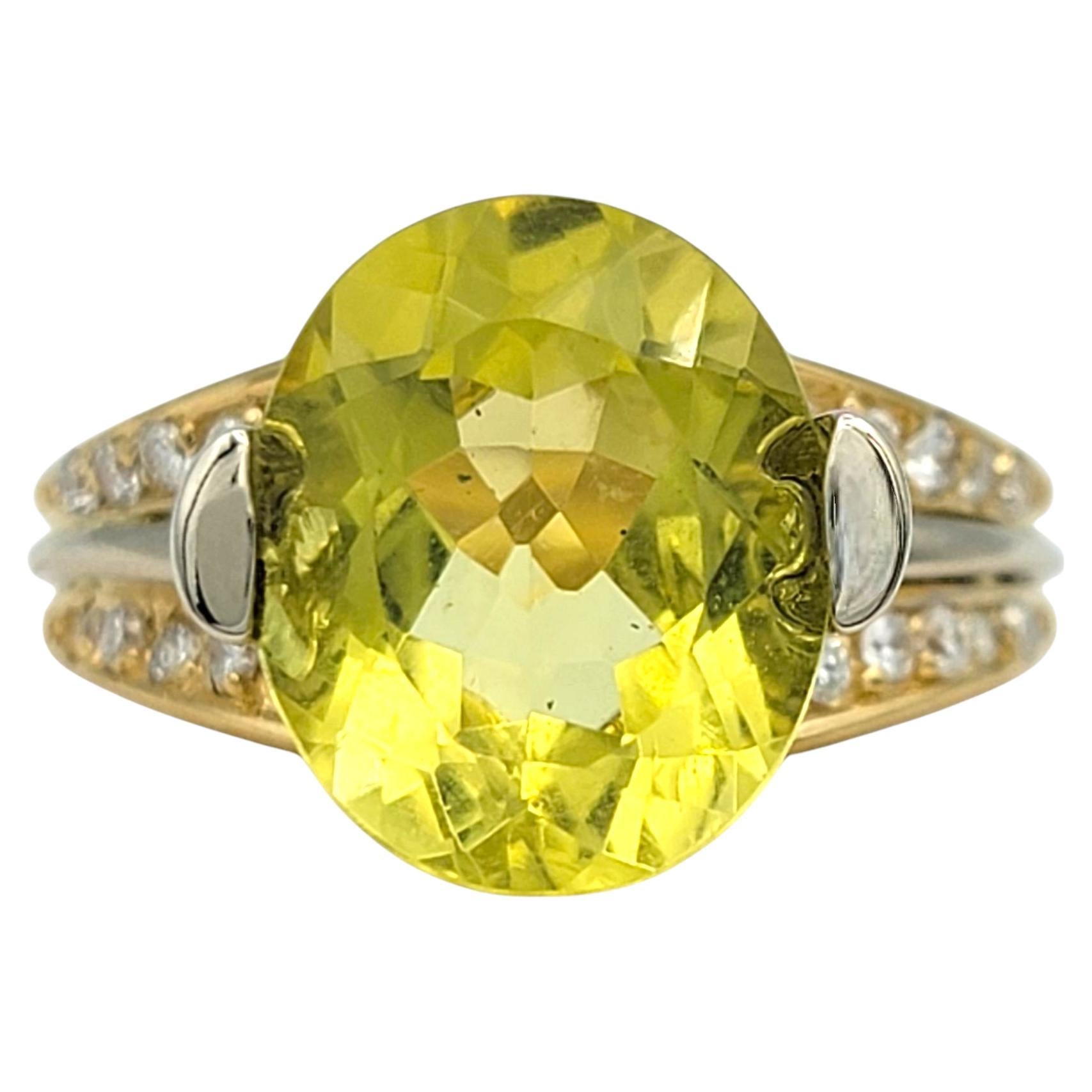Oval Cut Lemon Citrine Cocktail Ring with Diamonds 18 Karat Yellow & White Gold