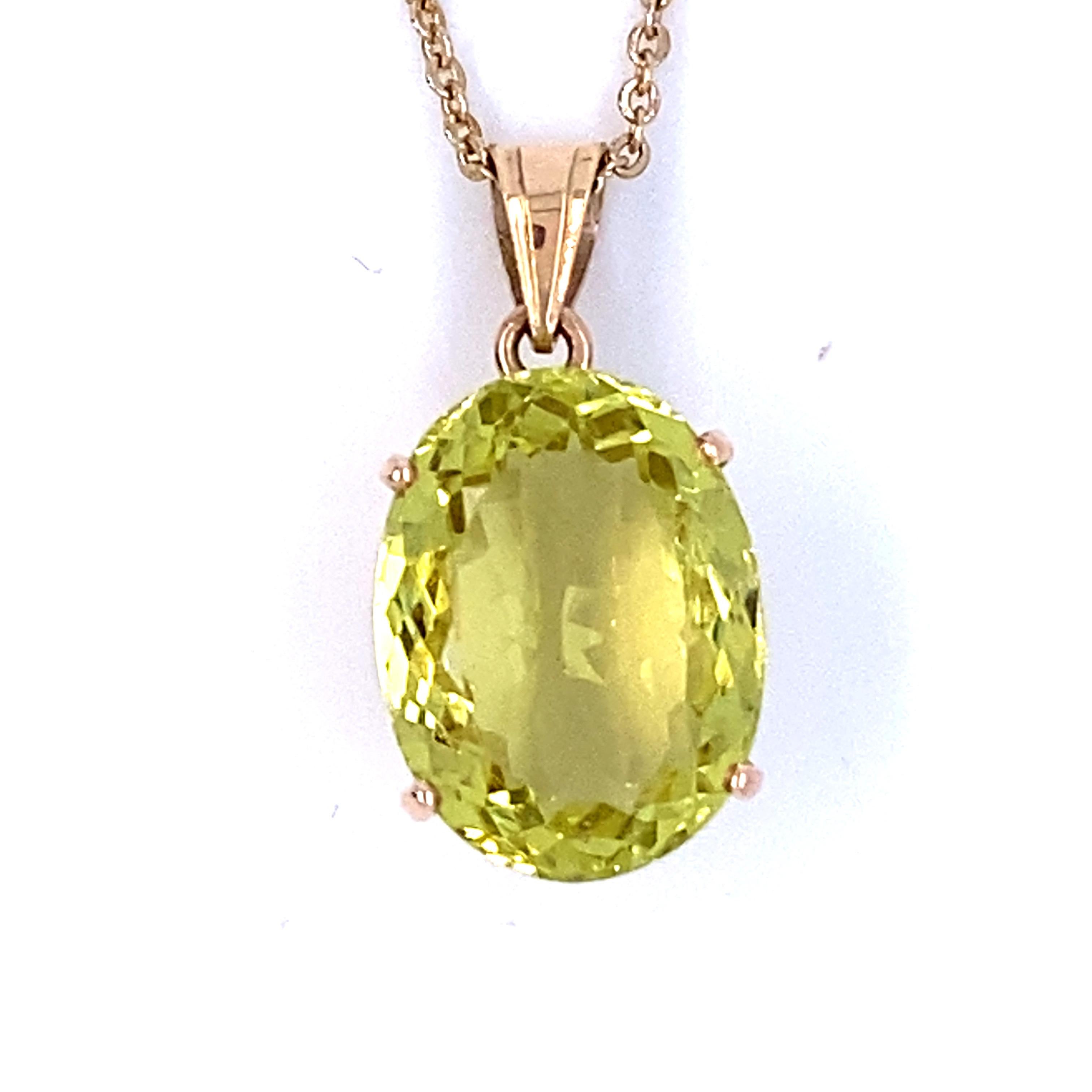 Make a statement with this beautiful oval open back pendant, crafted by hand in 14K yellow gold. The pendant boast an estimated carat weight of 8.00ct. This pendant has a very nice chartreuse color.
* Chain not included
* Images are enlarged
