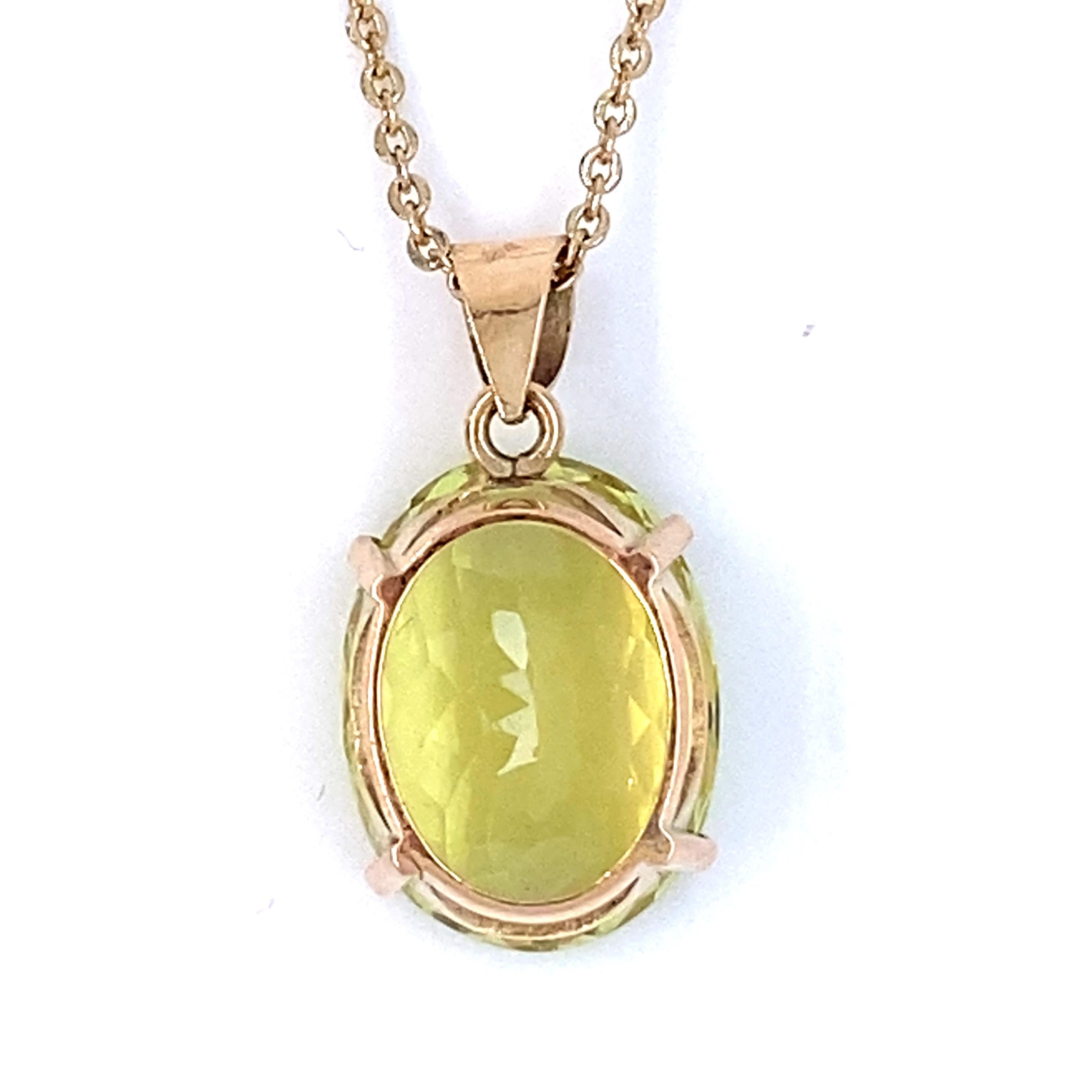 Artisan Oval Cut Lemon Topaz Yellow Gold Pendant Necklace For Sale