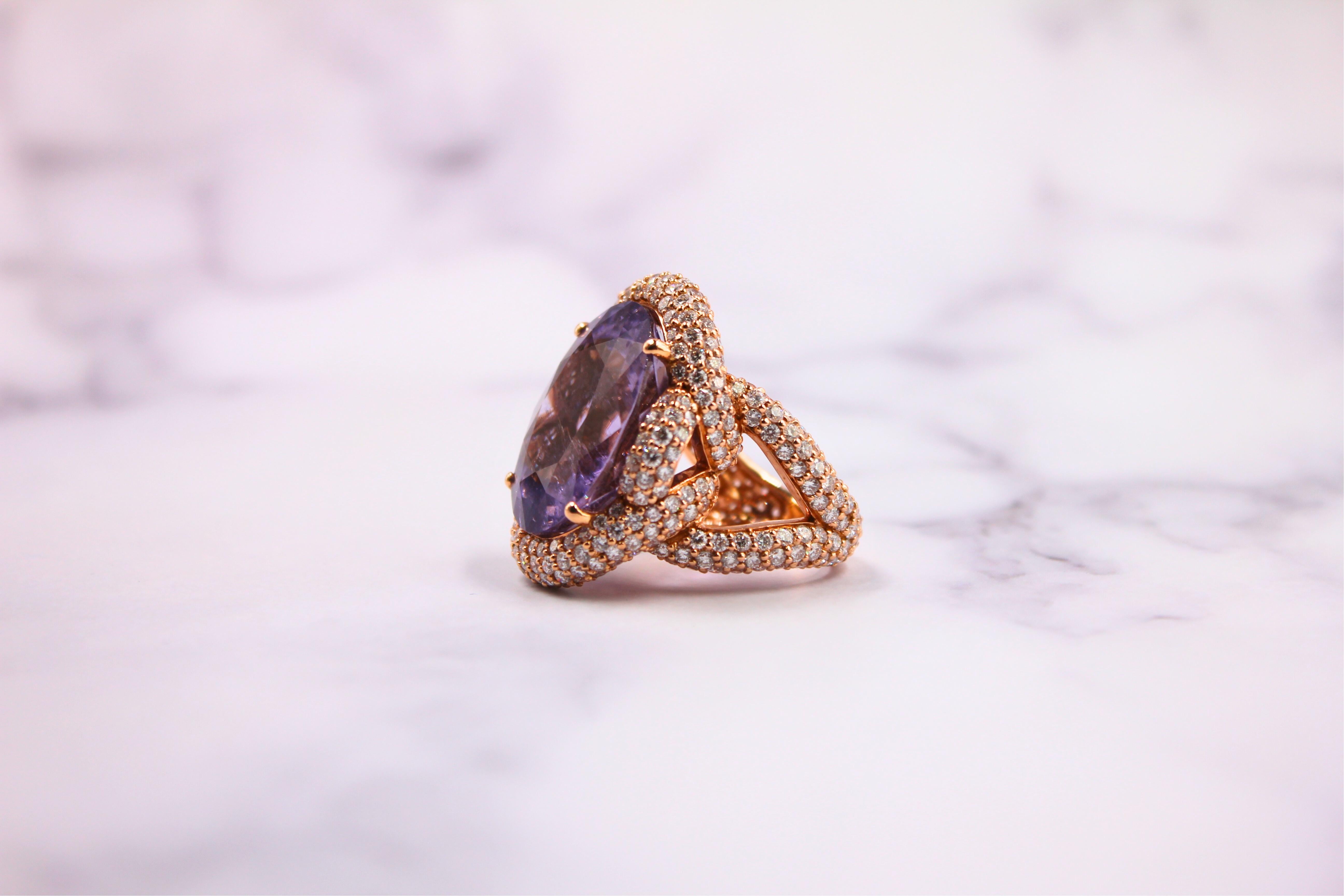 Oval Cut Light Violet Purple Paraiba Tourmaline Diamond Pave 18k Rose Gold Ring For Sale 9