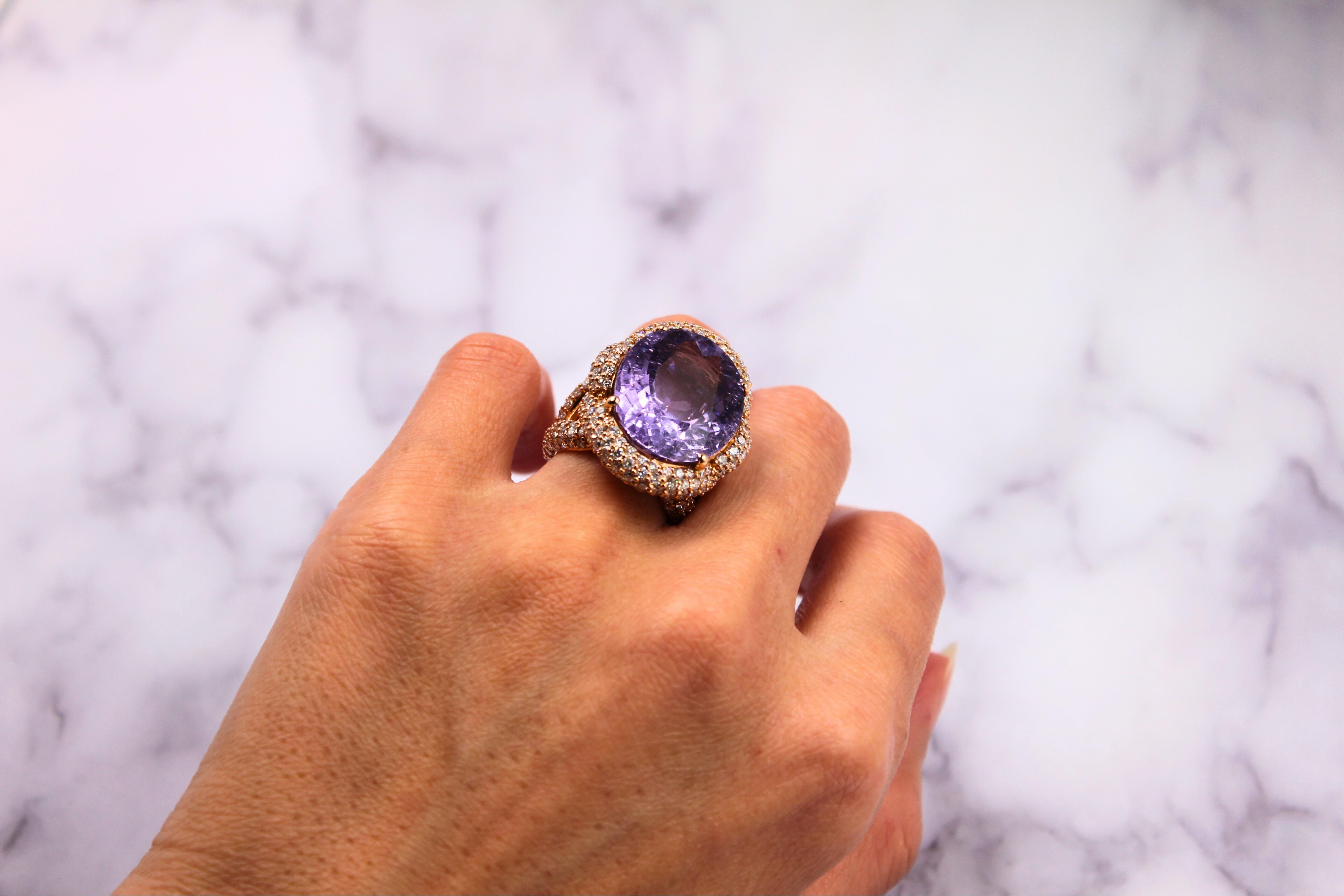 Oval Cut Light Violet Purple Paraiba Tourmaline Diamond Pave 18k Rose Gold Ring For Sale 11