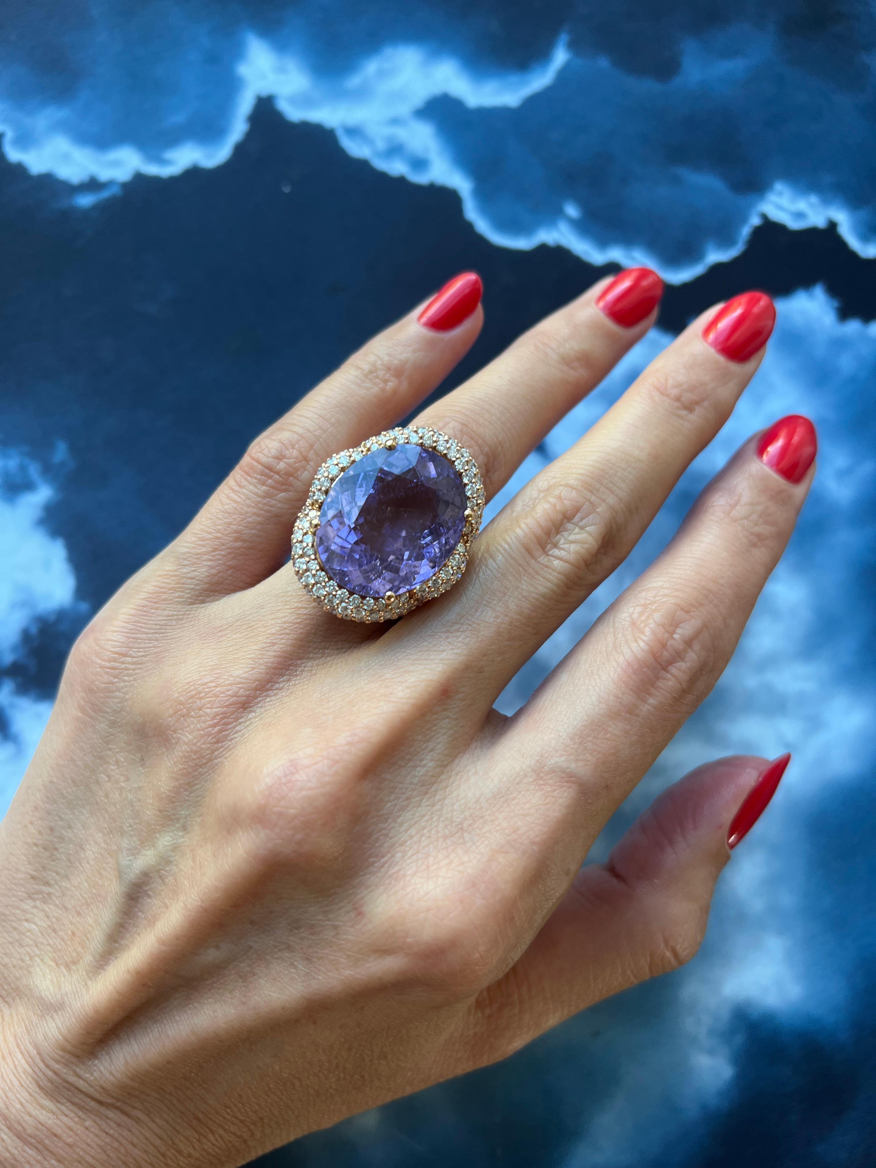 Oval Cut Light Violet Purple Paraiba Tourmaline Diamond Pave 18k Rose Gold Ring For Sale 3