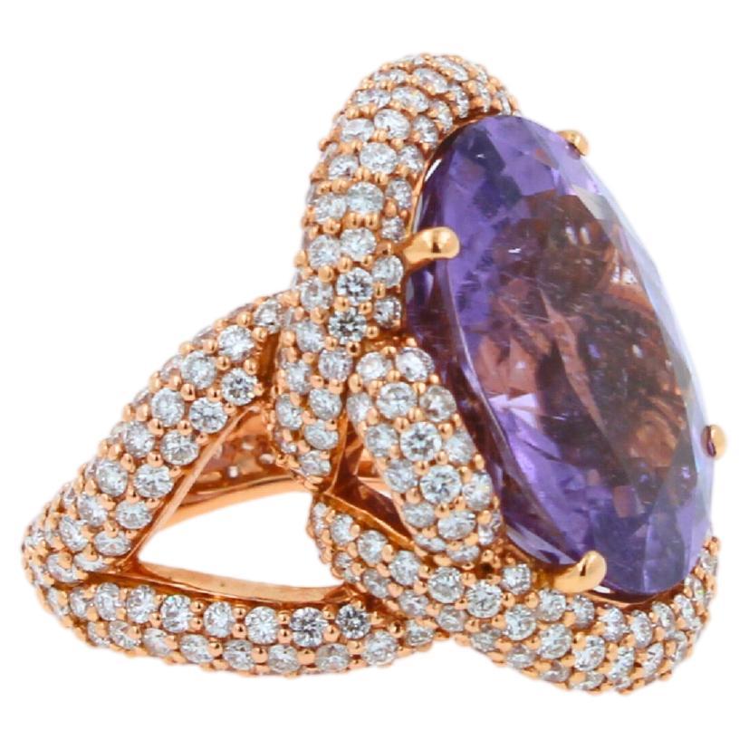 Art Deco Oval Cut Light Violet Purple Paraiba Tourmaline Diamond Pave 18k Rose Gold Ring For Sale