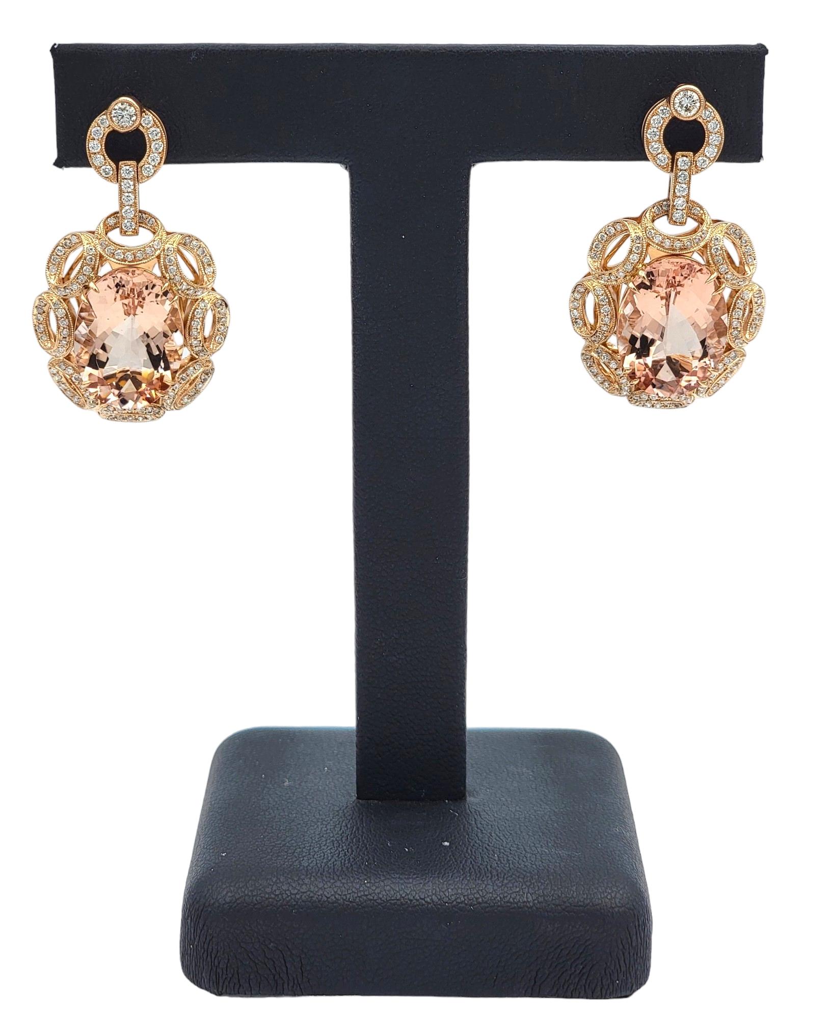 Boucles d'oreilles pendantes en or rose avec Morganite et diamants en forme de boucle ouverte en vente 4
