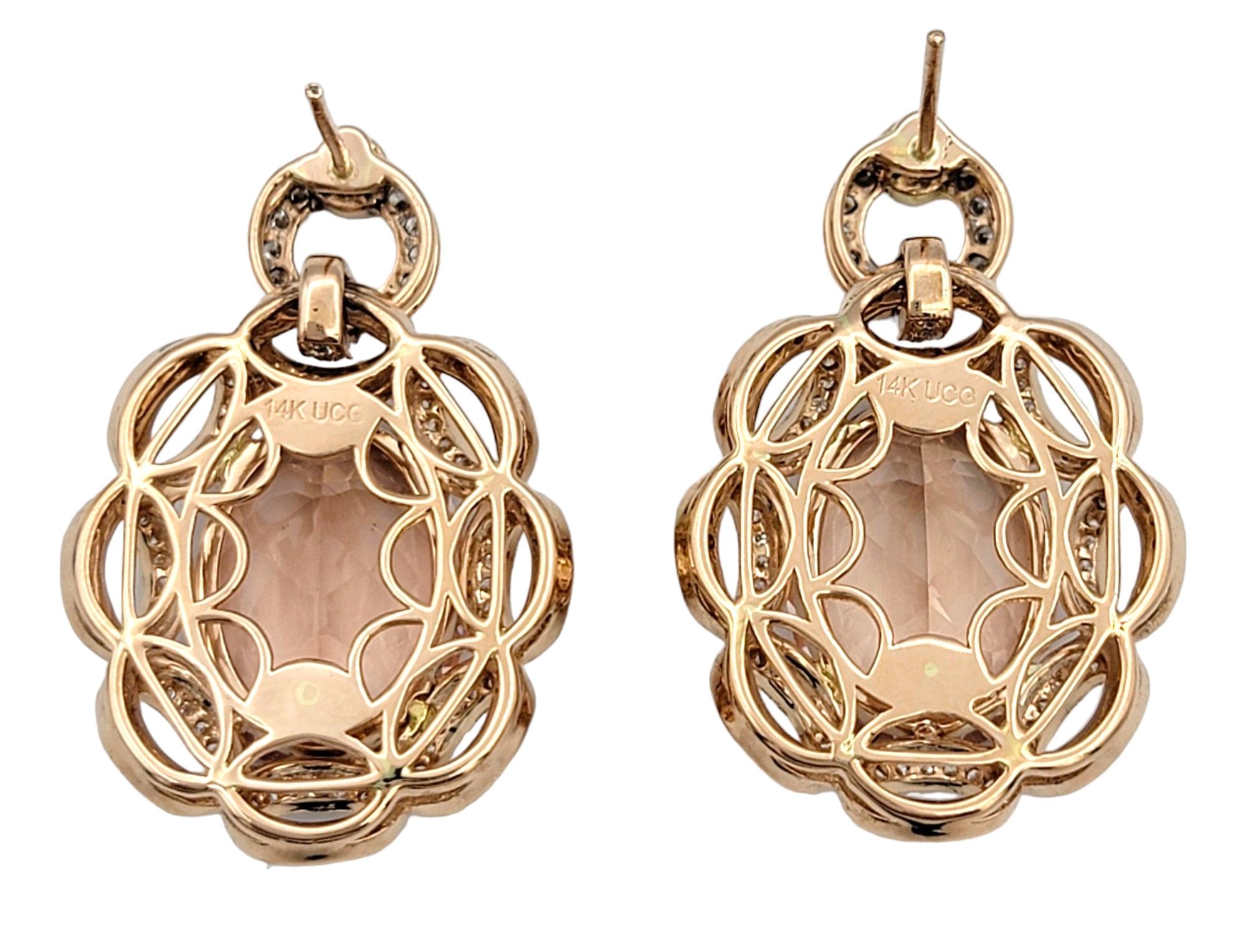 Boucles d'oreilles pendantes en or rose avec Morganite et diamants en forme de boucle ouverte Pour femmes en vente