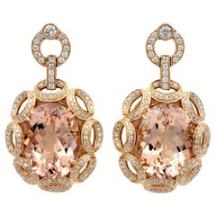 Oval Cut Morganite and Diamond Open Loop Design Dangle Earrings in Rose Gold