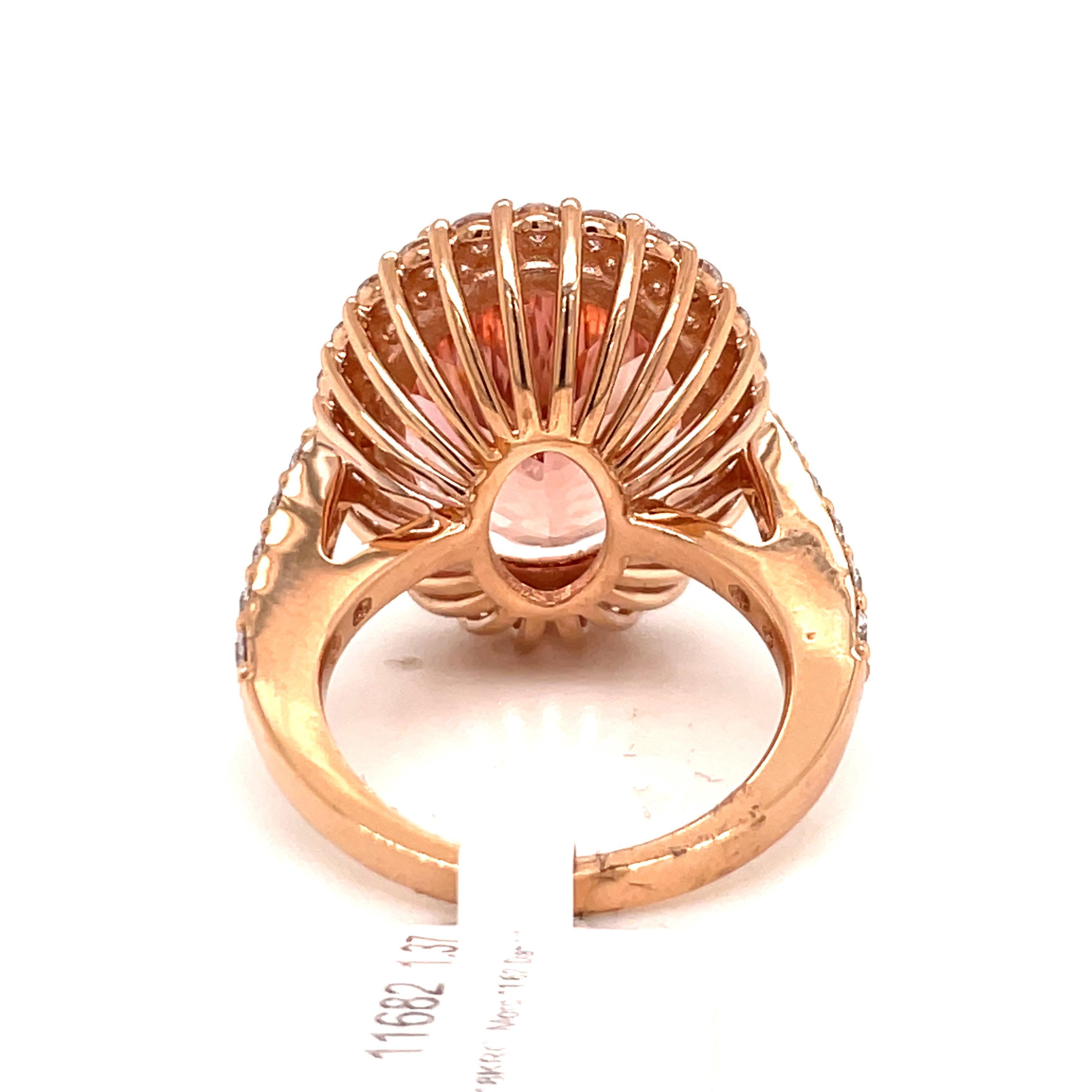 Oval Cut Morganite Diamond Halo Cocktail Ring 12.99 Carats 18 Karat Rose Gold For Sale 4